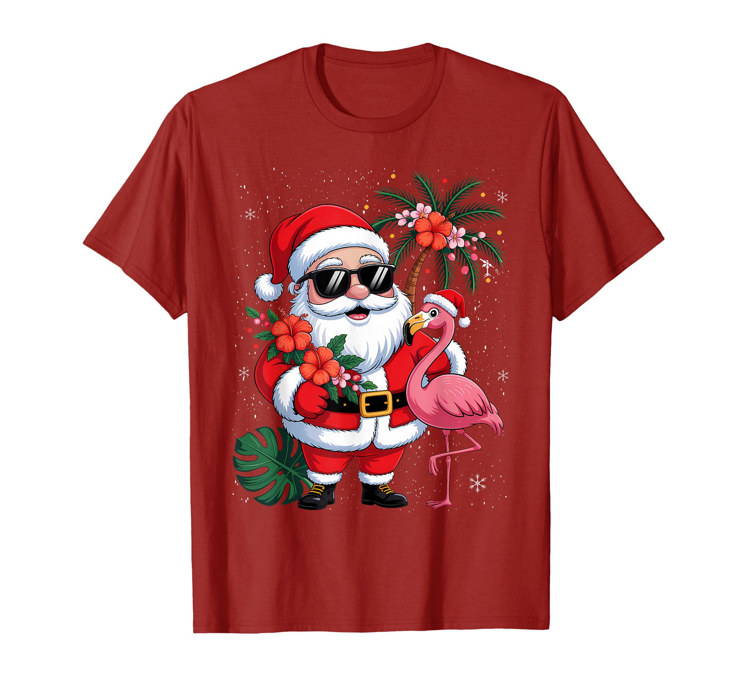 Santa Flamingo Palm Tree Funny Floral Retro Hawaii Christmas T-Shirt