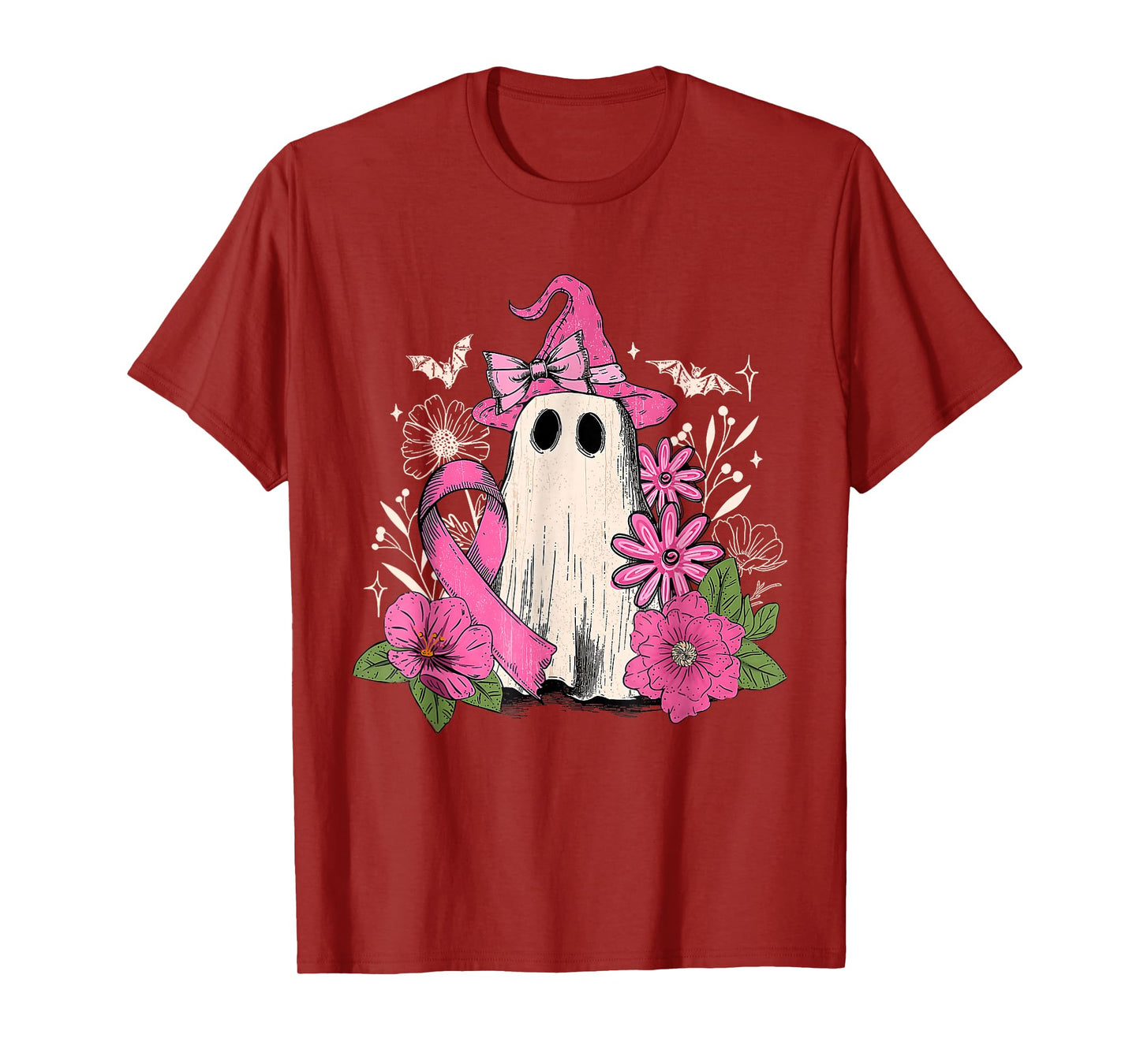 Pink Ribbon Floral Ghost Witch Breast Cancer Awareness T-Shirt