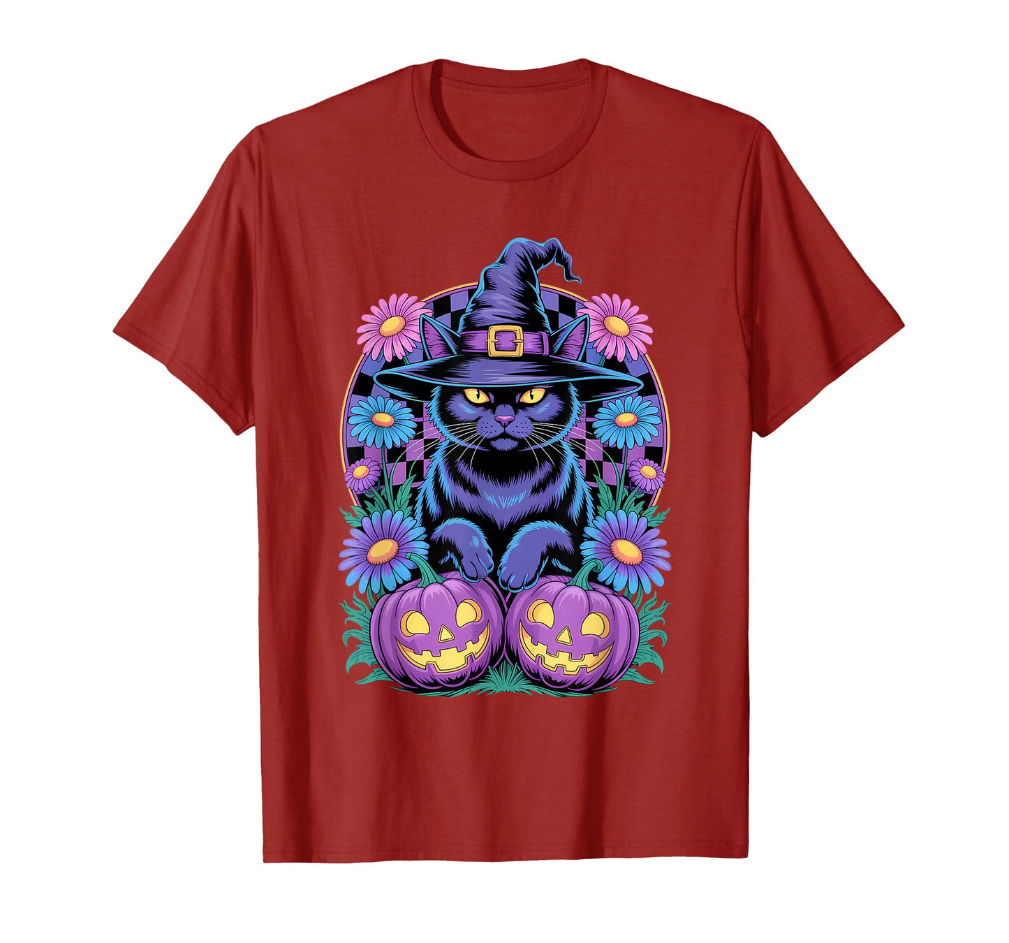 Retro Floral Checkered and Witch Cat with Pumpkins Halloween T-Shirt