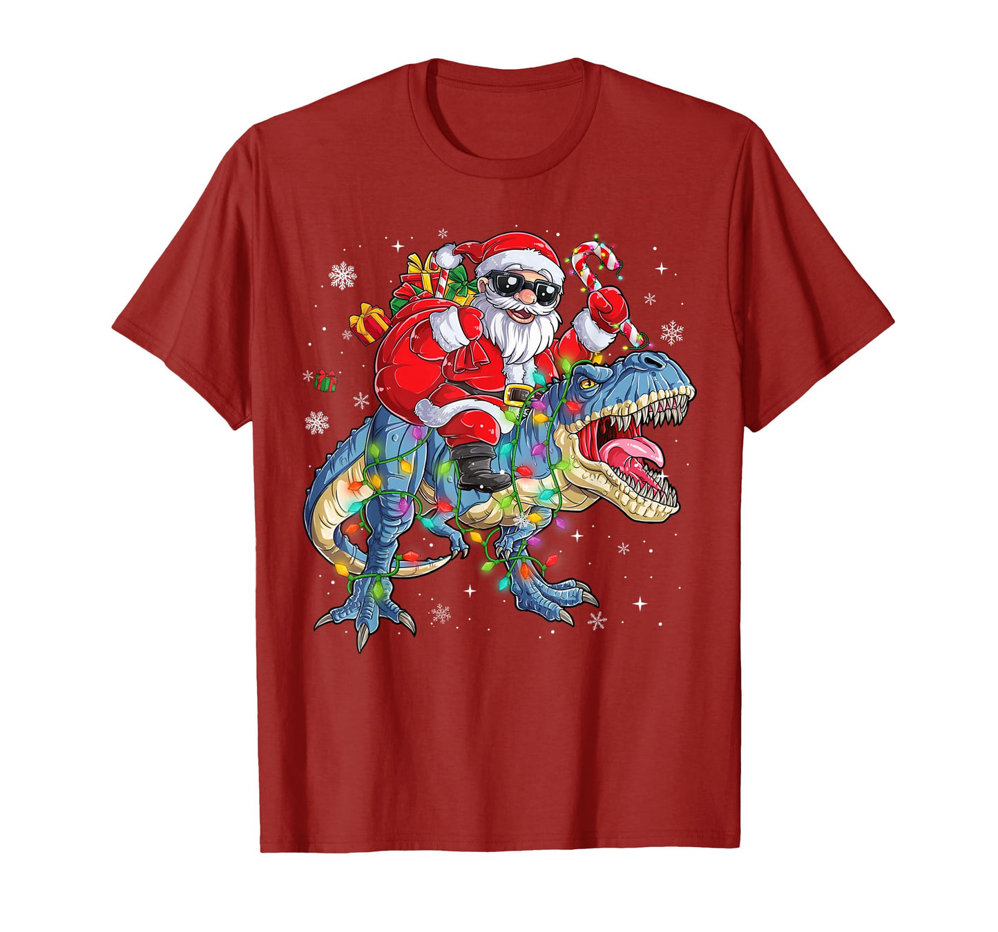 Christmas Santa Riding Dinosaur T-Rex Funny Xmas Lights T-Shirt