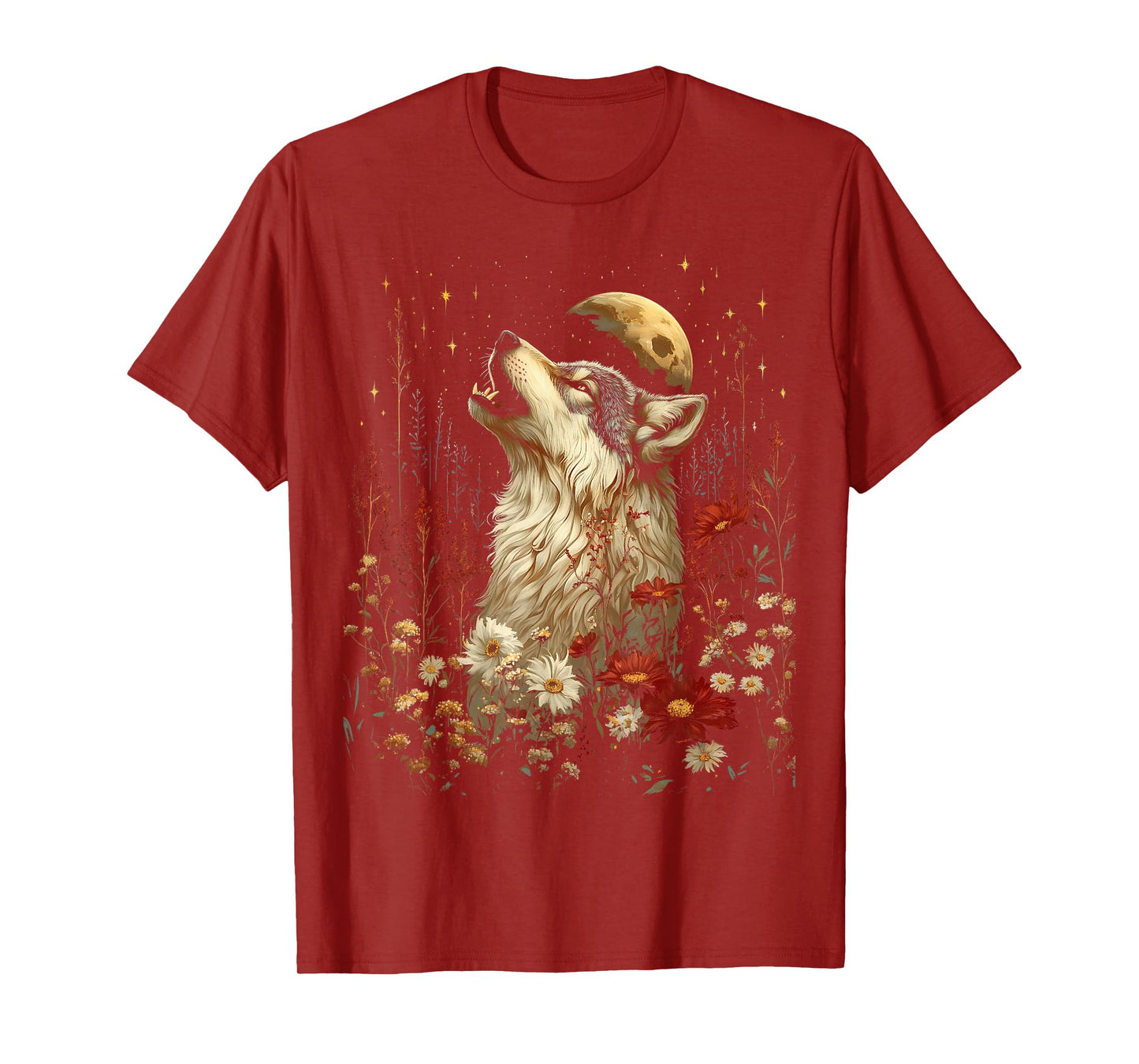 Boho Wolf Howling at the Moon Floral Mystical Graphic Women T-Shirt