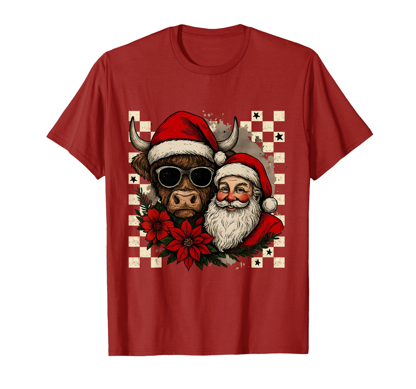 Highland Cow Christmas Checkered Retro Vintage T-Shirt