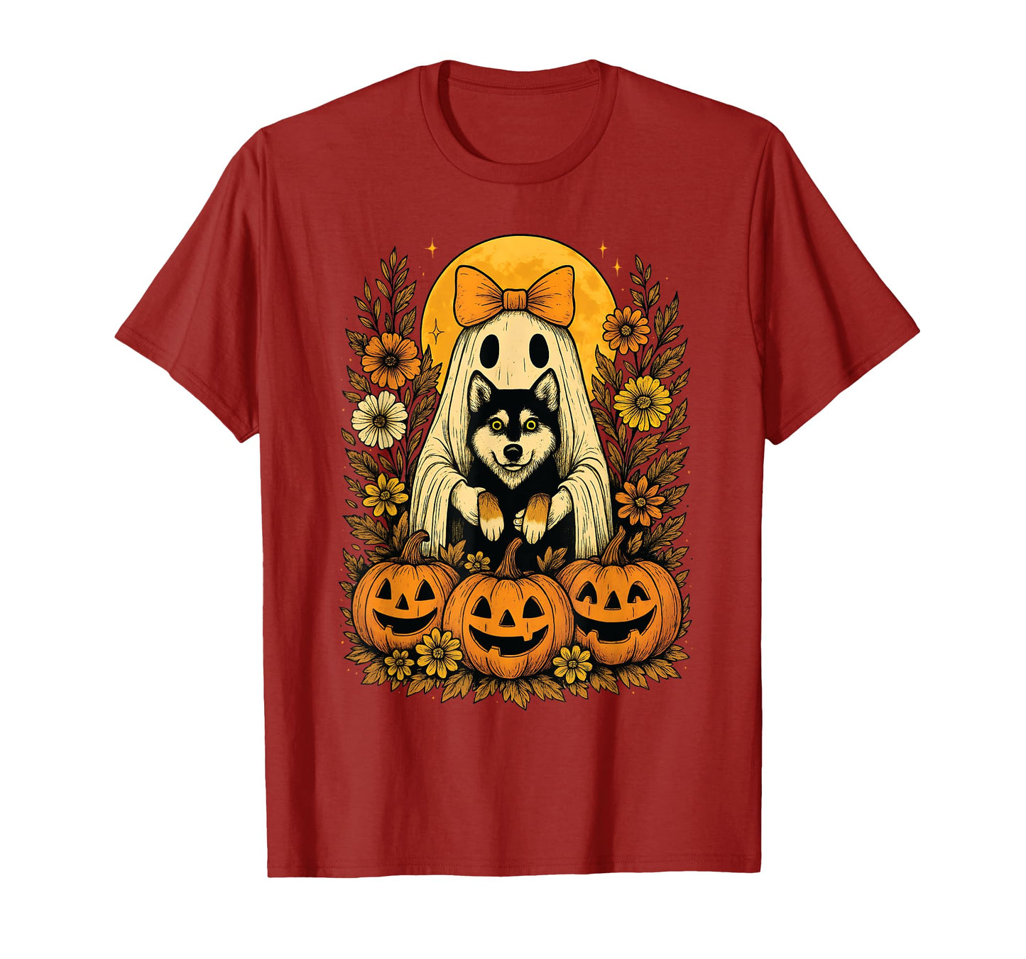 Vintage Halloween Ghost Holding Siberian Husky Dog T-Shirt