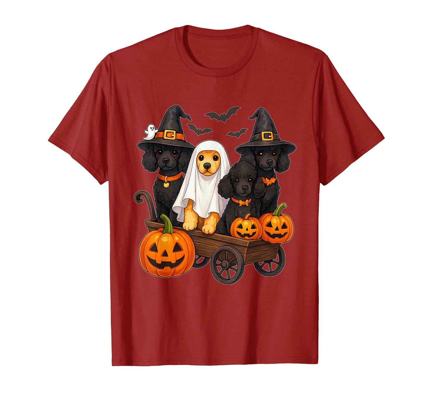 Halloween Poodle Dogs Ghost Witch Pumpkins Wooden Wagon Cute T-Shirt