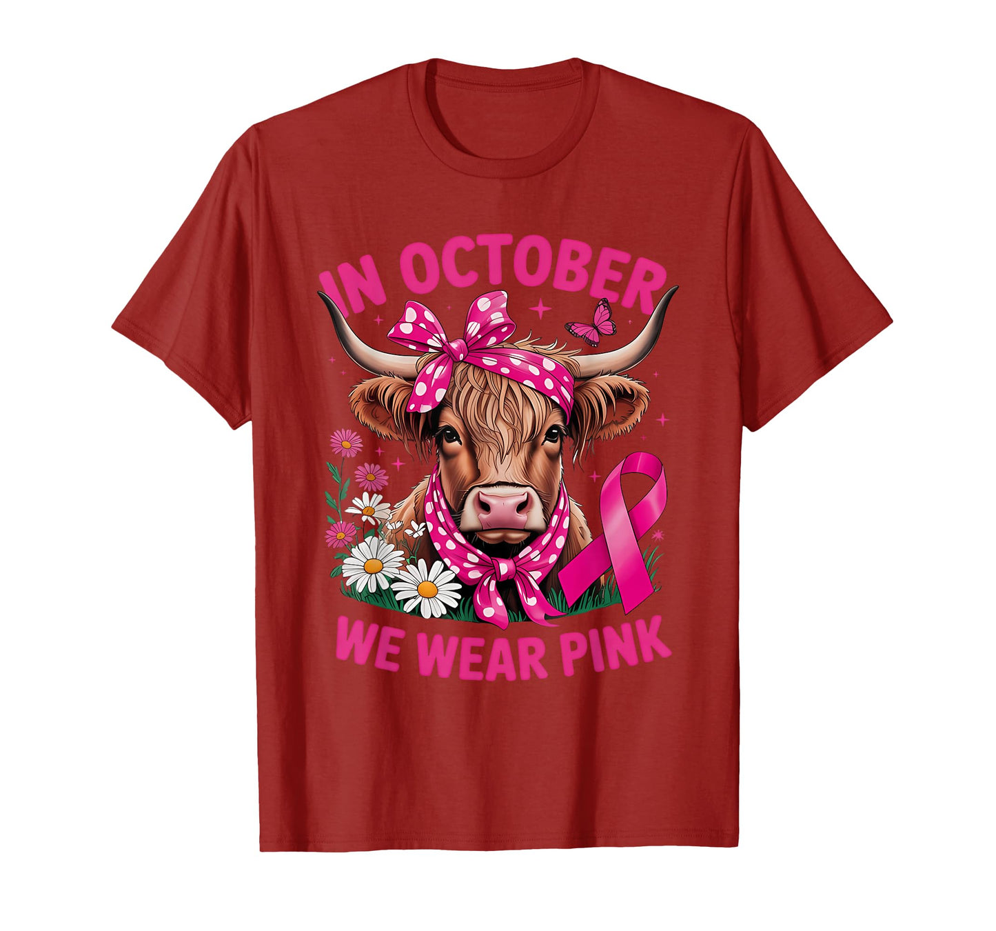 Highland Cow in October We Wear Pink Breast Cancer Awareness T-Shirt