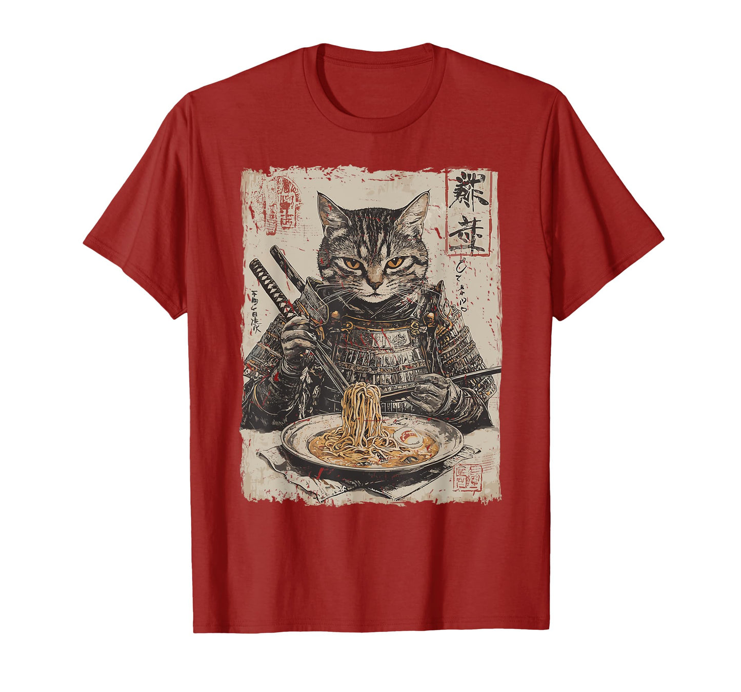 Samurai Cat Loves Ramen Funny Anime Japanese Artwork Samurai T-Shirt