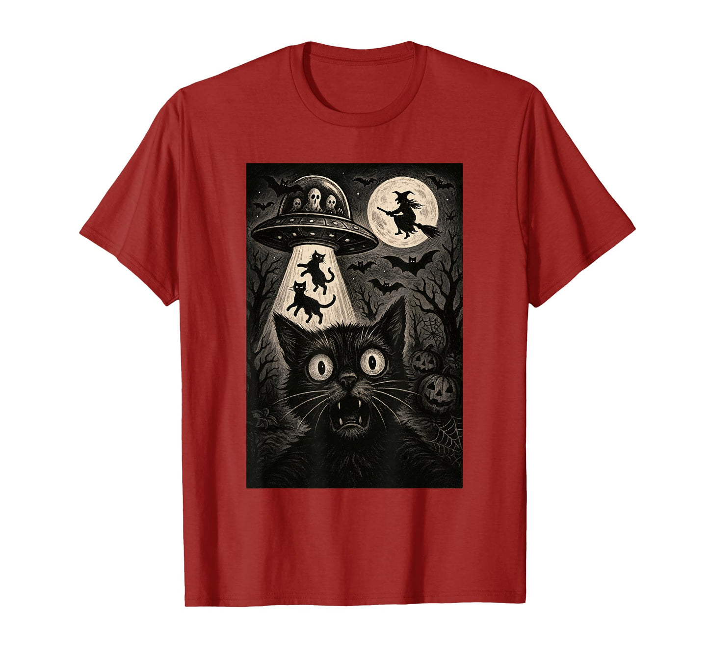 Halloween Cat Selfie Spooky Night Alien Abduction Cats UFO T-Shirt