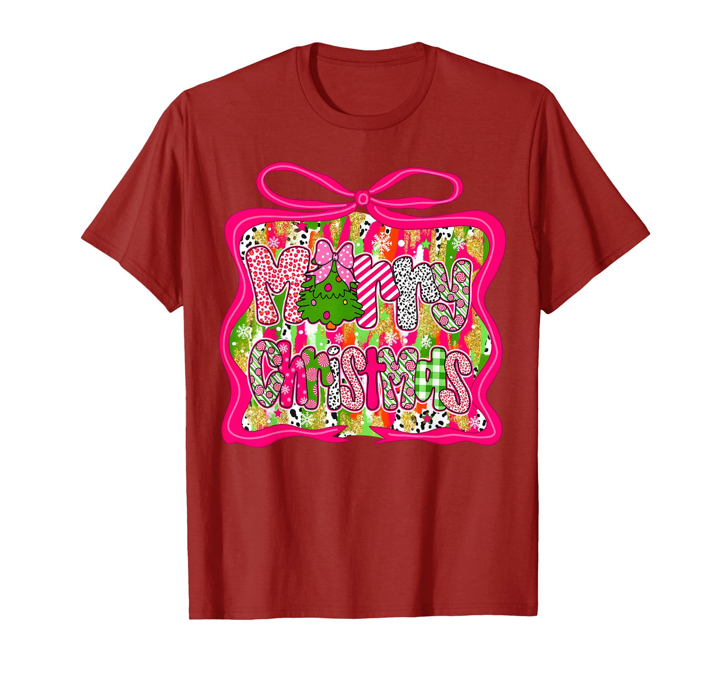Coquette Pink Bow Merry Christmas Tree Xmas Pajamas Holiday T-Shirt