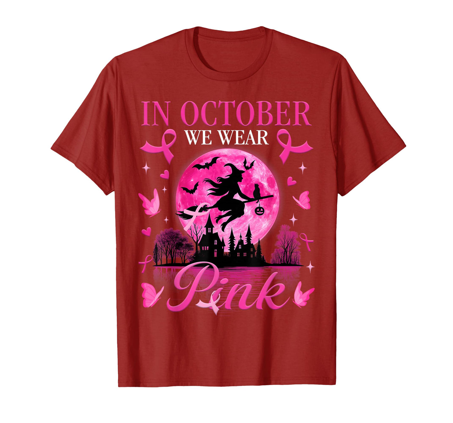 Halloween Witch in October We Wear Pink Ribbon Breast Cancer T-Shirt