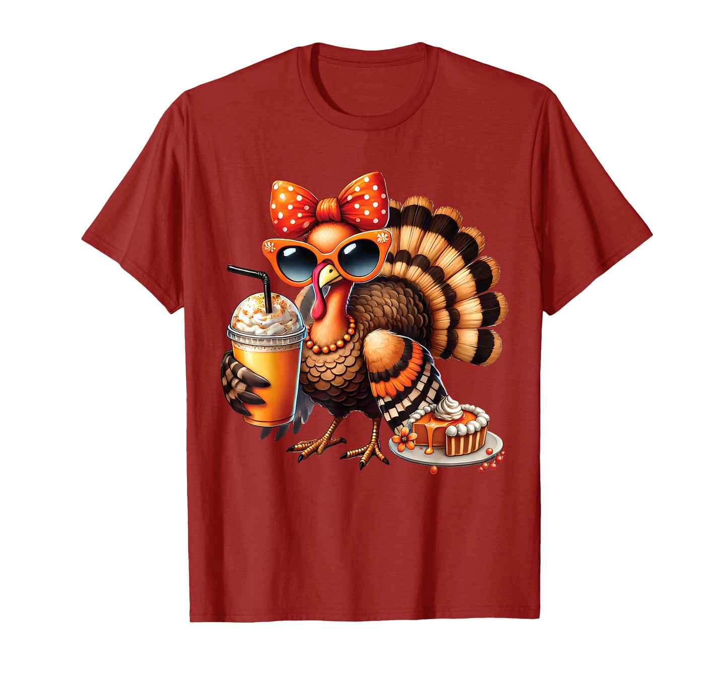 Turkey Drinking Coffee Bow Thanksgiving Womens Turkey Day T-Shirt