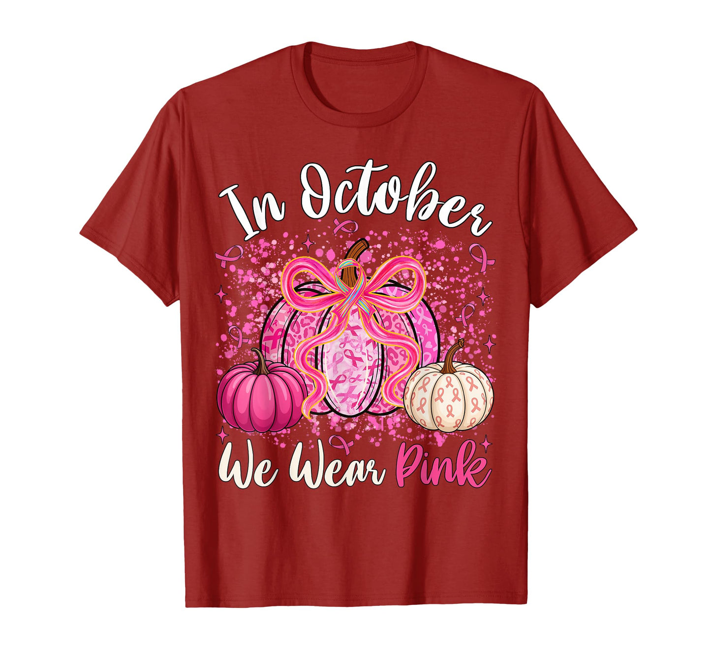 in October We Wear Pink Pumpkin Coquette Bow Breast Cancer T-Shirt