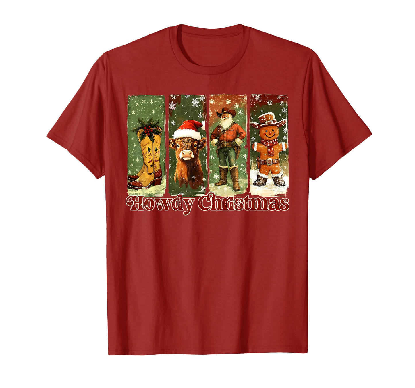 Retro Howdy Christmas Santa Highland Cow Gingerbread Cowboy T-Shirt
