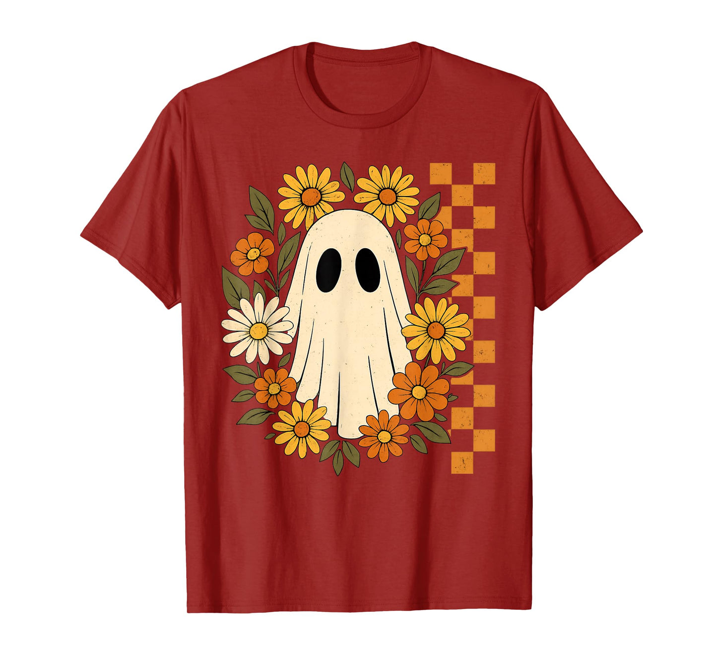 Retro Floral Ghost Checkered Autumn Halloween Women Kids T-Shirt