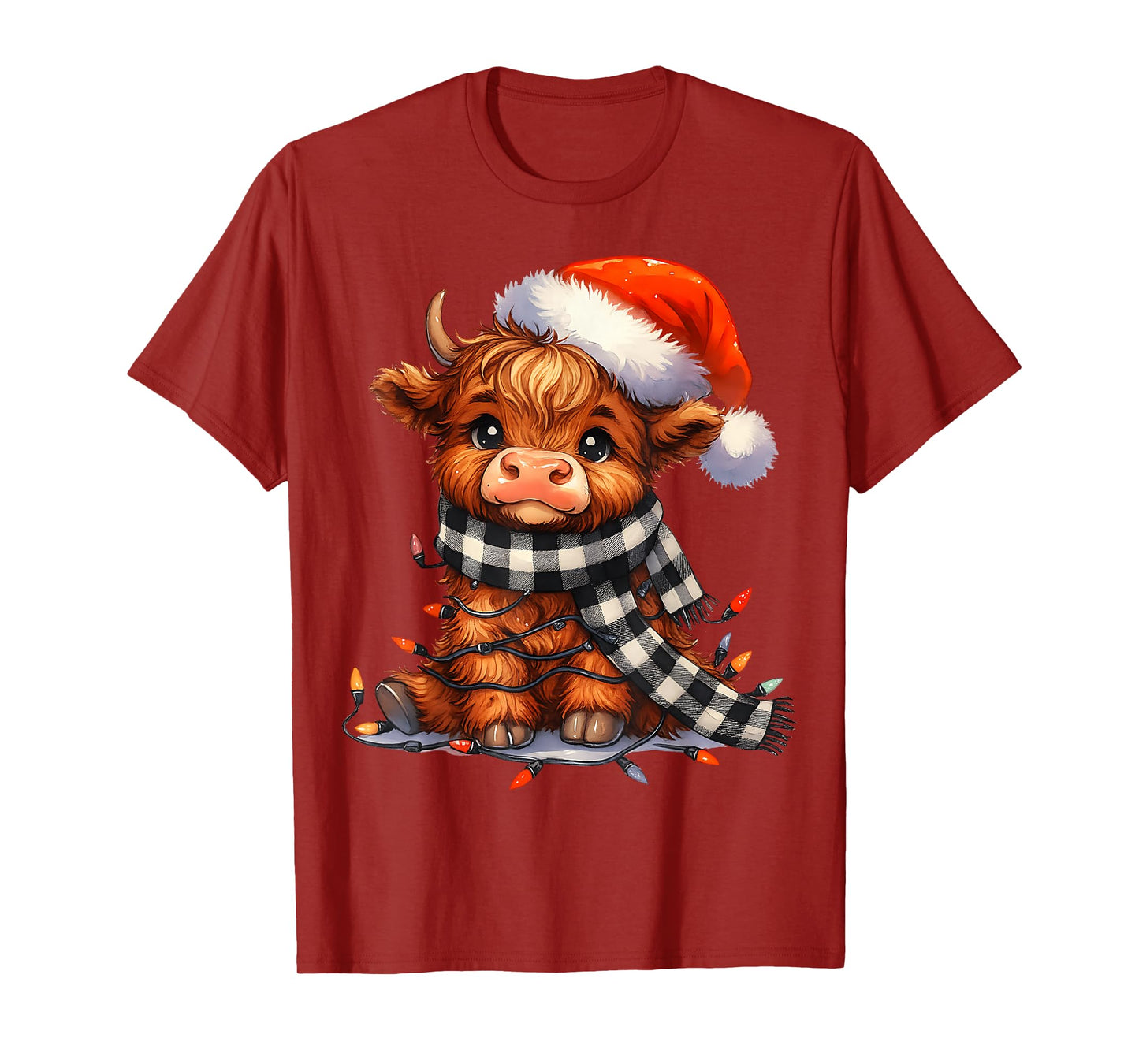Cute Christmas Highland Cow Santa Hat Lights T-Shirt