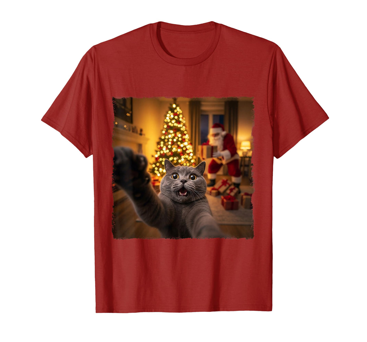 Funny Grey Cat Selfie with Santa Claus Gifts Christmas Night T-Shirt