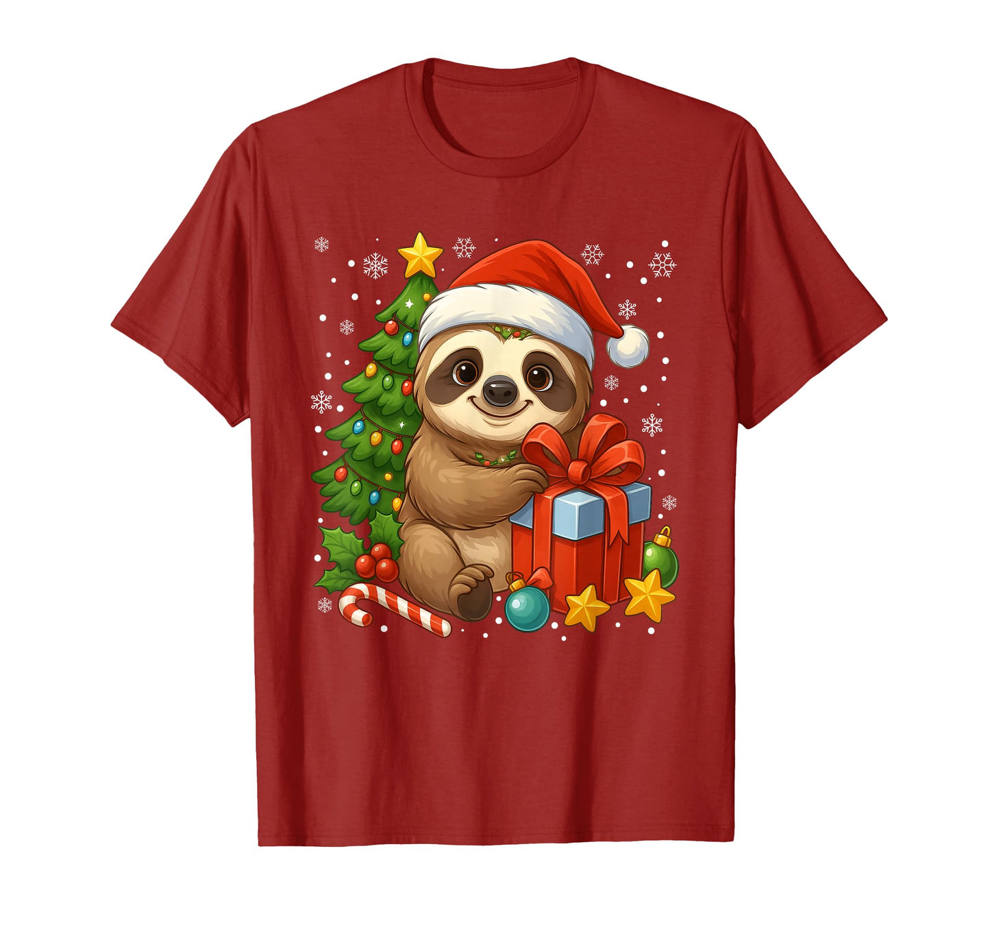 Sloth Santa Hat Christmas Tree Xmas Lights Gift Men Boys Kid T-Shirt