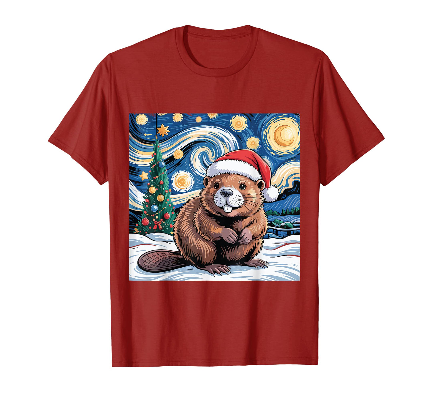 Christmas Beaver Santa Hat Starry Night Winter Tree Holiday T-Shirt