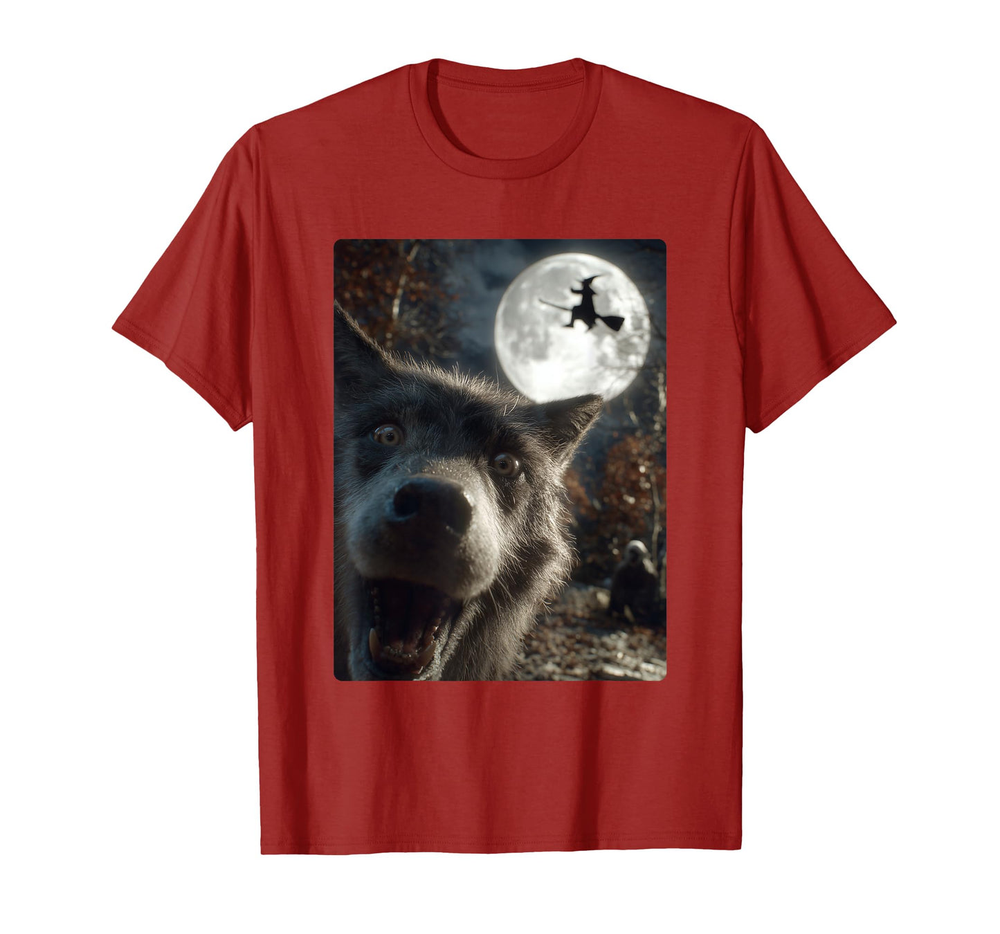 Funny Wolf Selfie Full Moon Flying Witch Forest Halloween T-Shirt