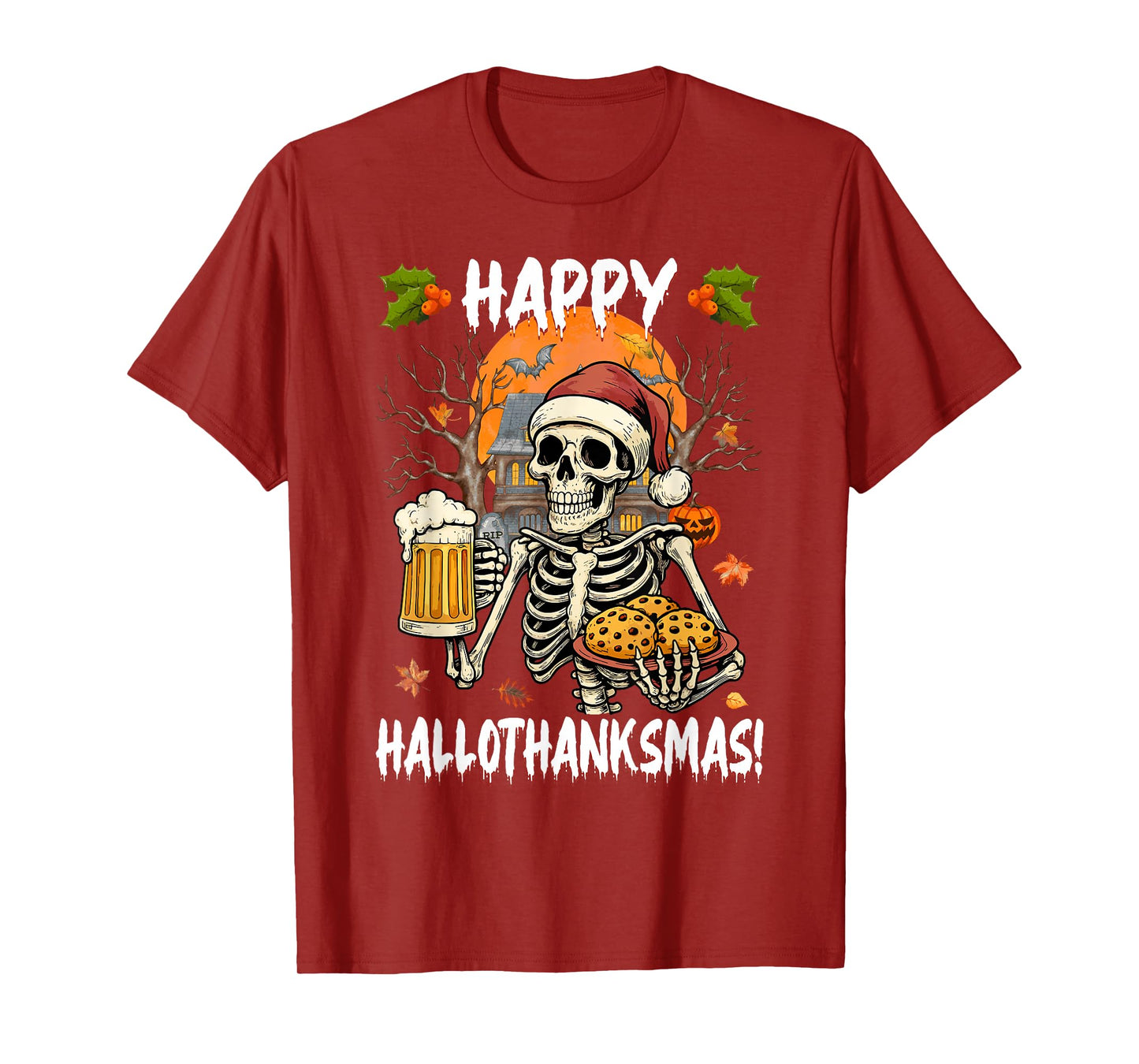 Happy Hallothanksmas Skeleton Drinking Beer & Santa Hat Men T-Shirt