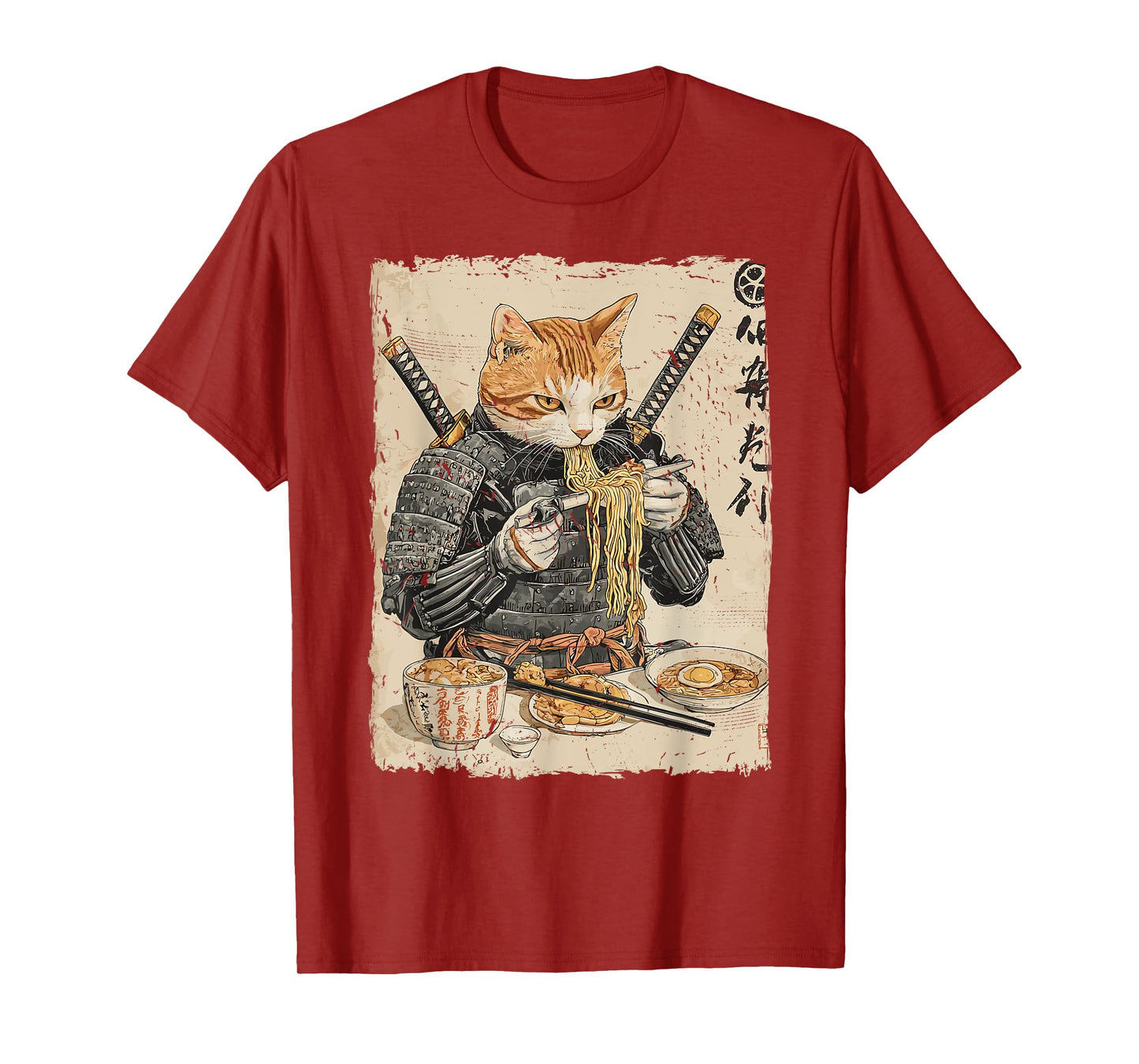 Samurai Cat Loves Ramen Funny Anime Japanese Artwork Samurai T-Shirt