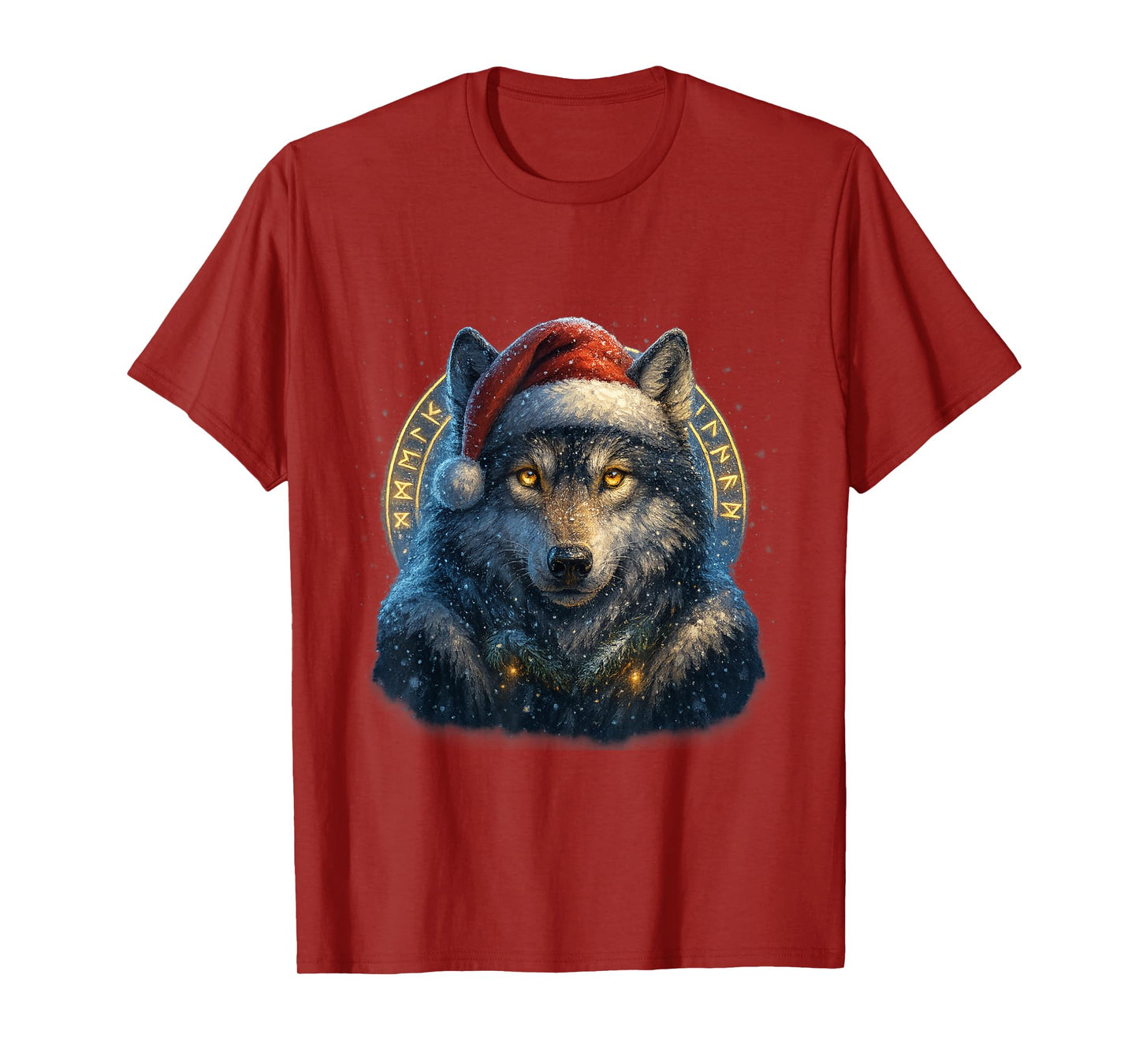 Viking Christmas Wolf with Santa Hat Design T-Shirt