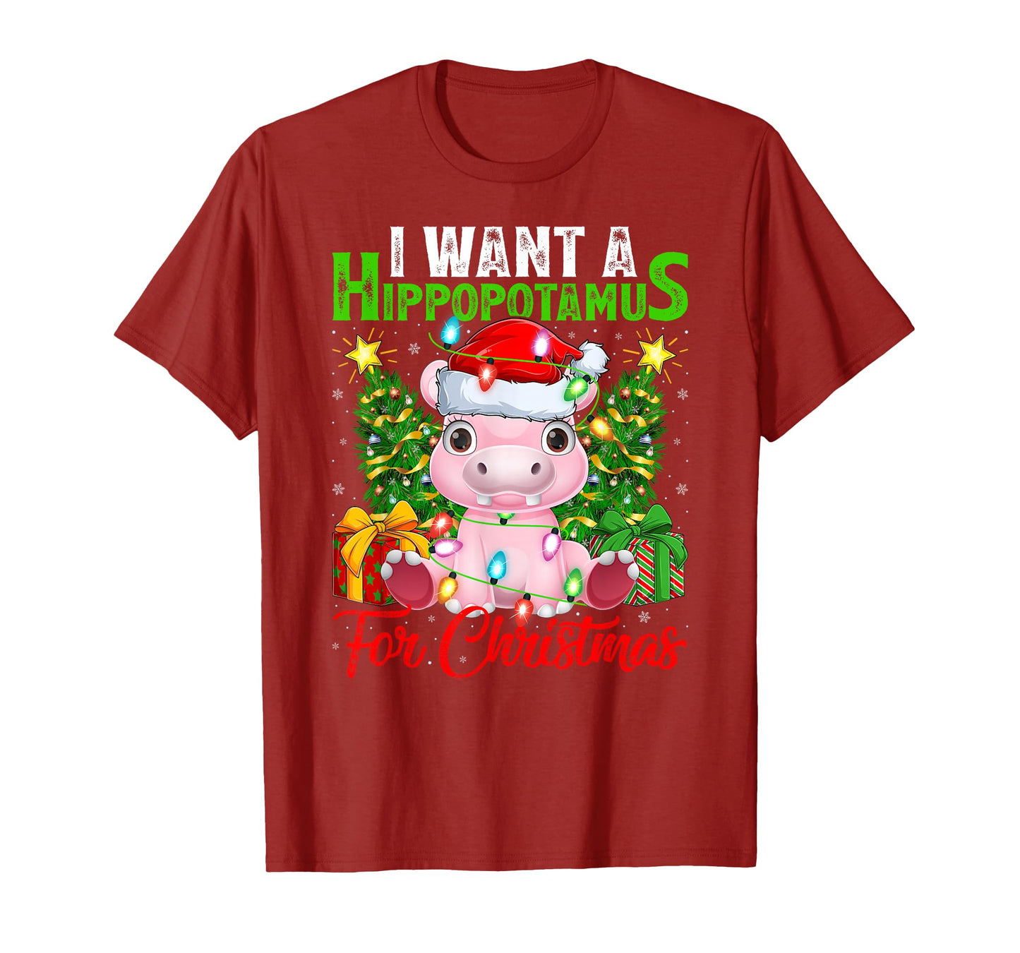 Hippo Xmas Lights Funny I Want A Hippopotamus for Christmas T-Shirt