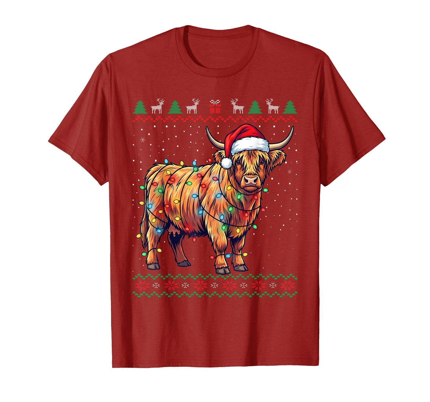 Funny Highland Cow Christmas Lights Santa Hat Holiday T-Shirt