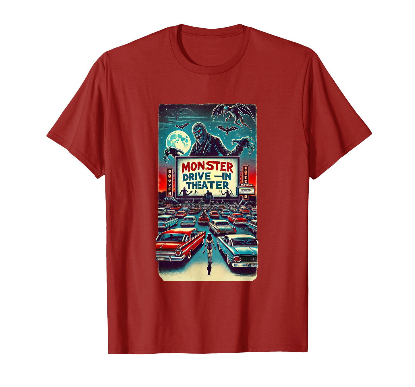 Retro Monster Horror Drive-In Halloween Design T-Shirt