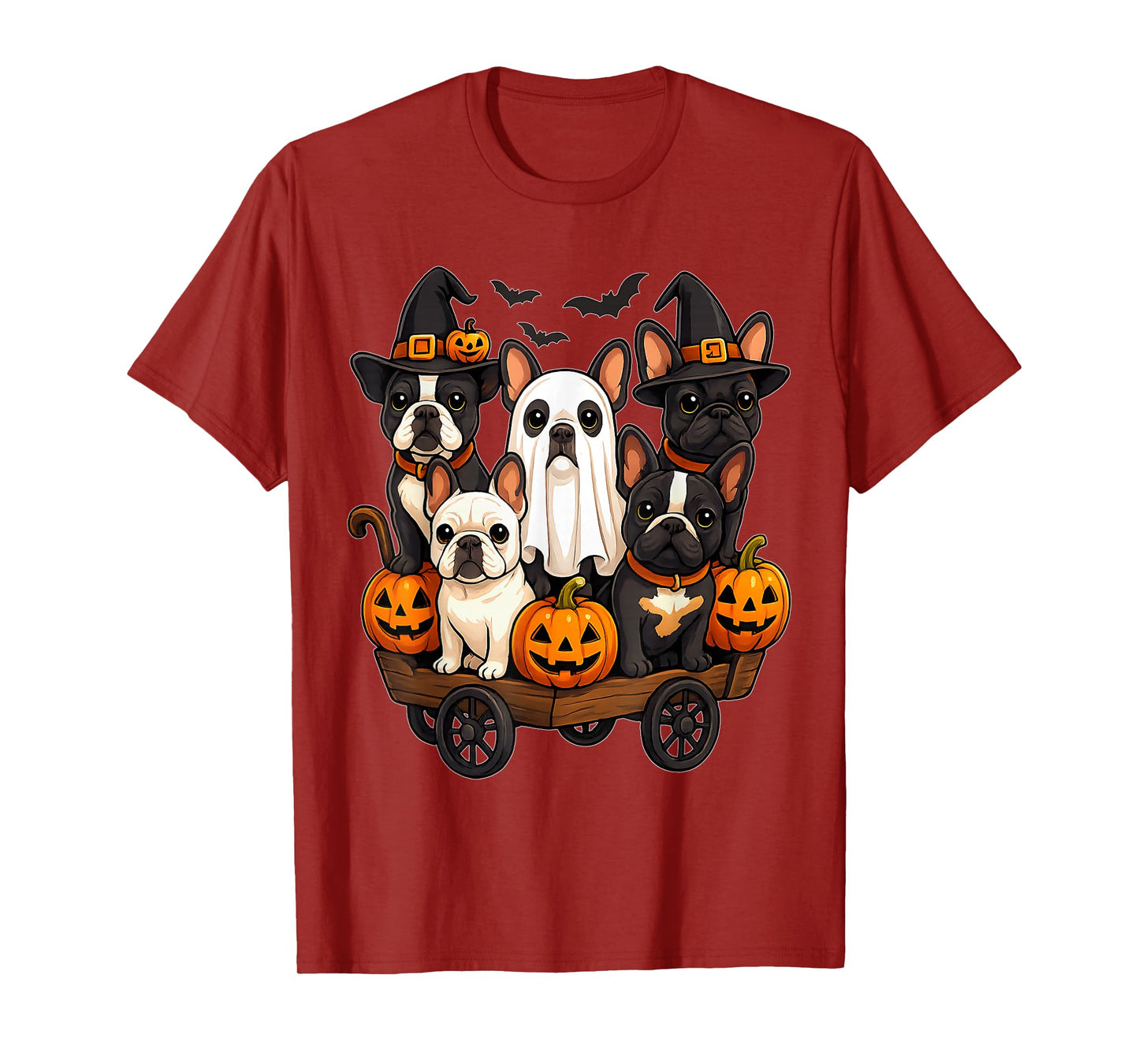 Halloween Bulldog Dogs Ghost Witch Pumpkins Wooden Wagon T-Shirt
