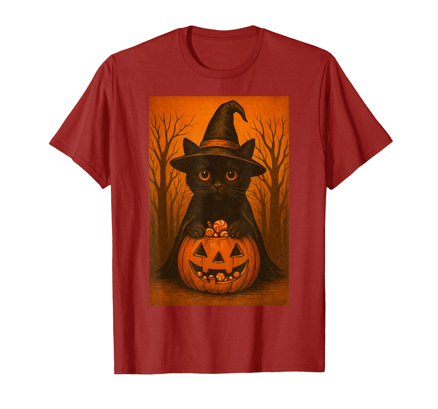 Vintage Black Cat Witch Pumpkin Halloween Candy Design T-Shirt