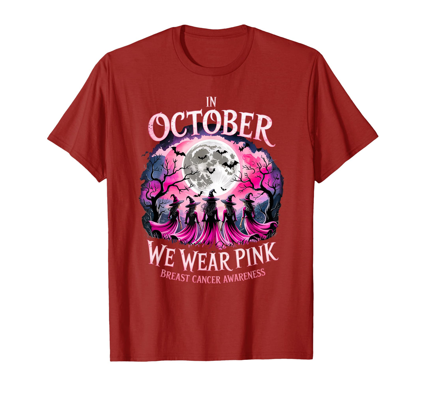 in October We Wear Pink Retro Witch Breast Cancer Awareness T-Shirt