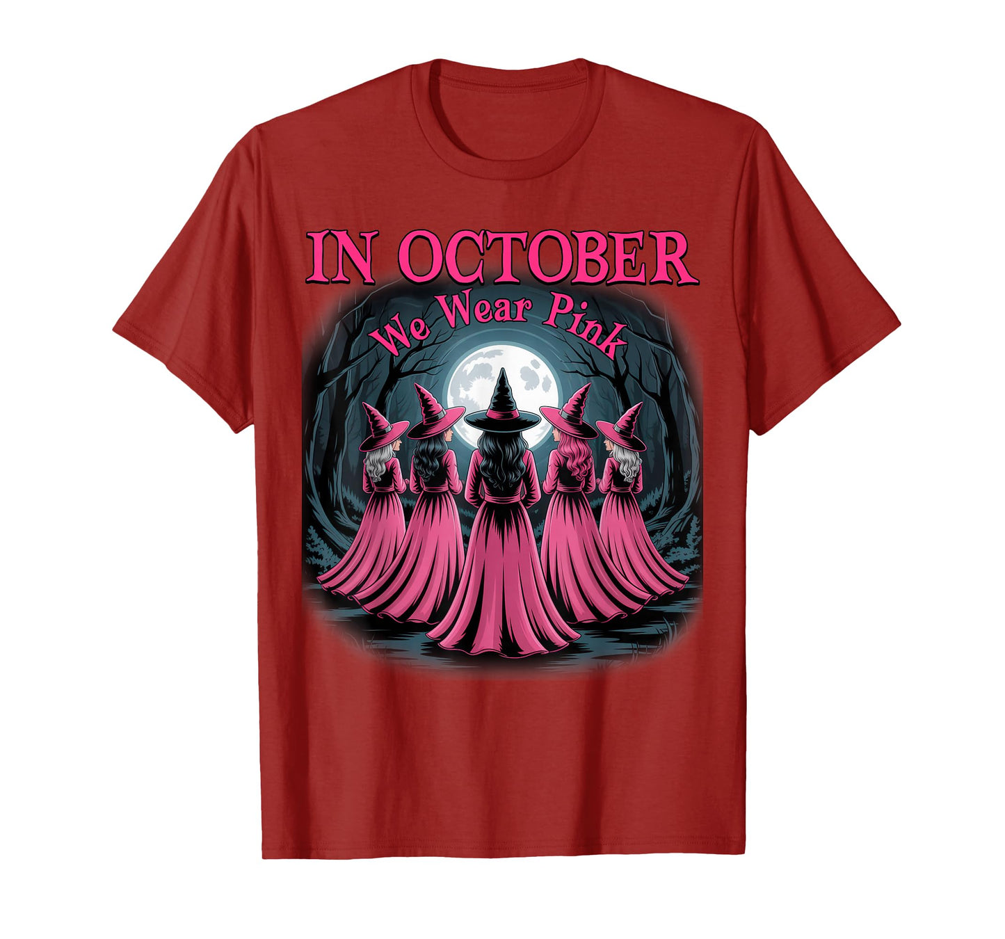 in October We Wear Pink Witch Halloween Breast Cancer Women T-Shirt