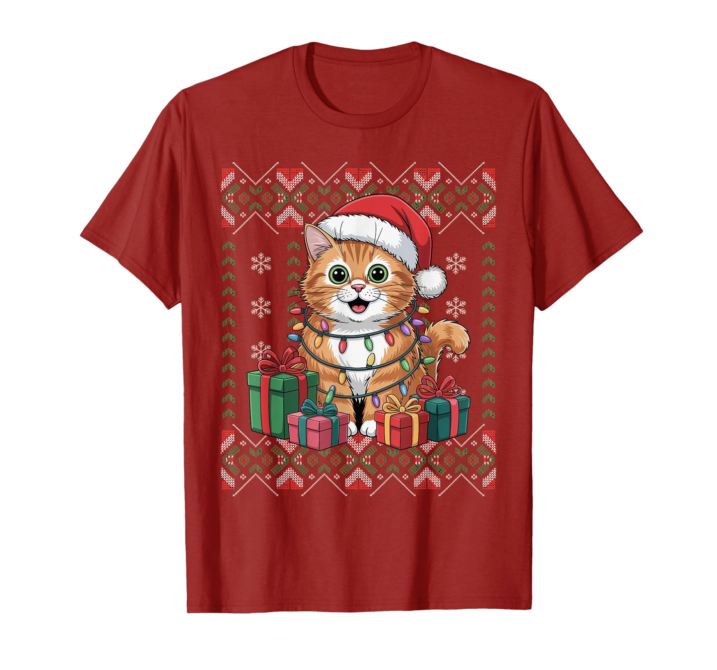 Santa Cat Christmas Ugly Sweater Funny Holiday Pajamas T-Shirt
