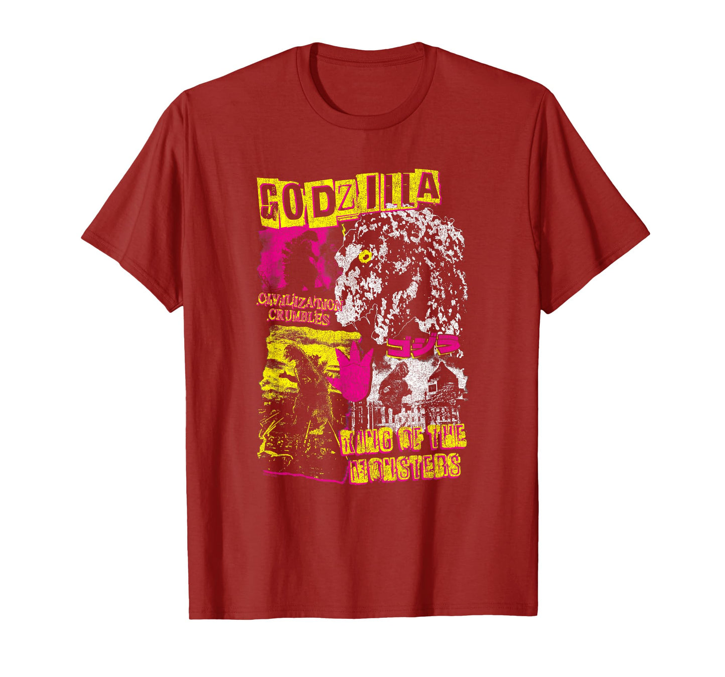 Godzilla Civilization Crumbles Neon Collage Retro Movie T-Shirt