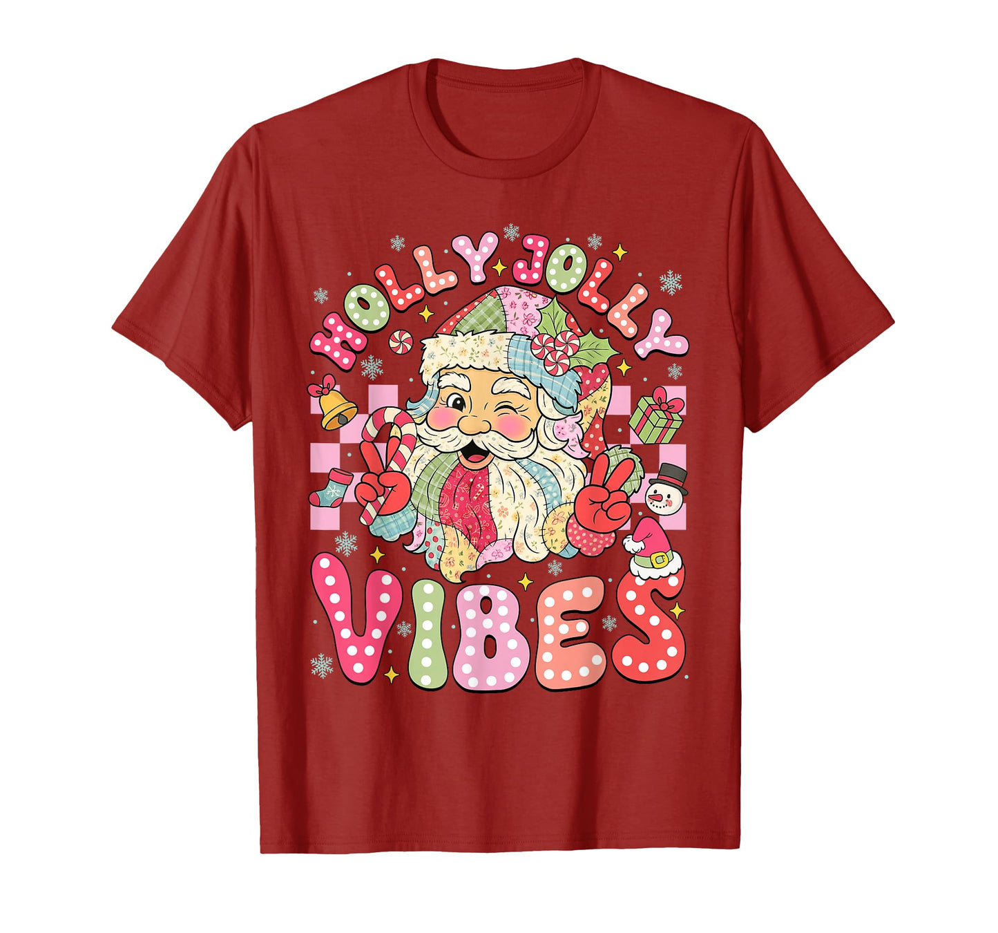 Patchwork Cute Santa Claus Christmas Vibes Xmas Women Girls T-Shirt