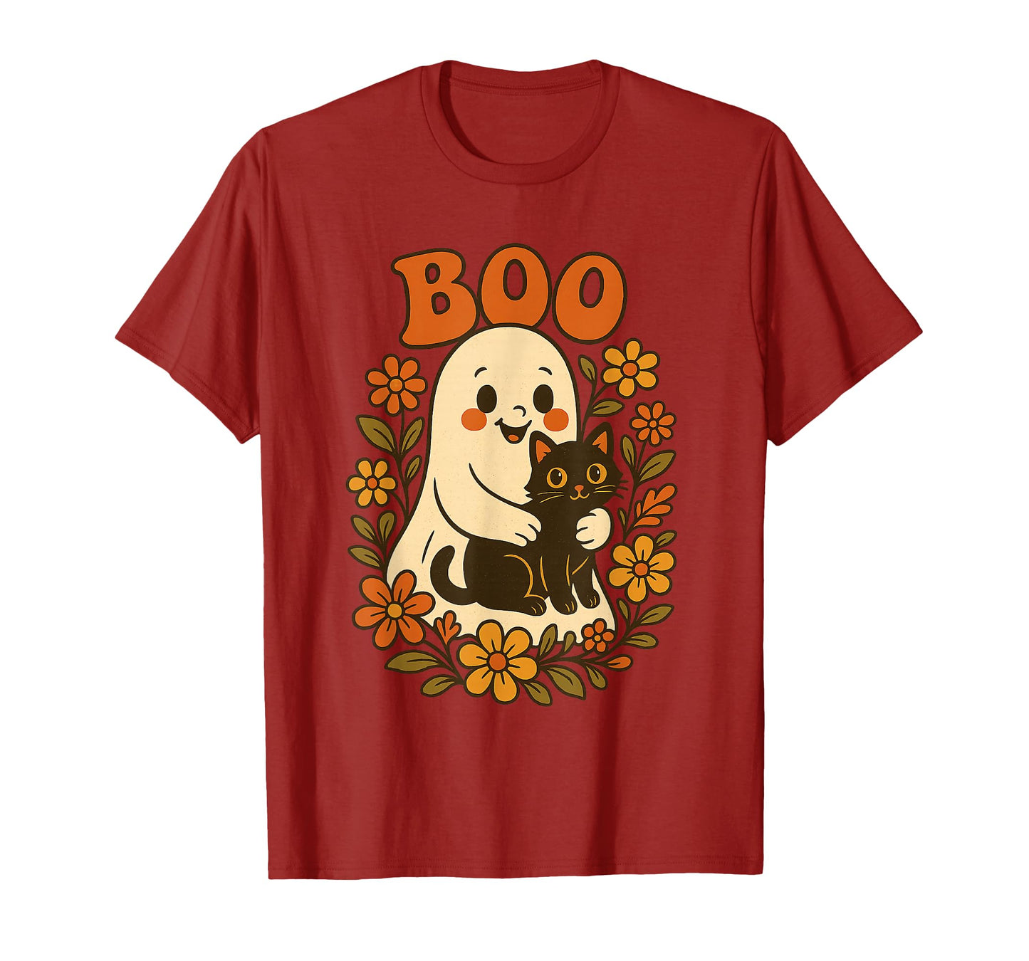 Vintage Halloween Ghost Holding Black Cat Groovy Floral T-Shirt