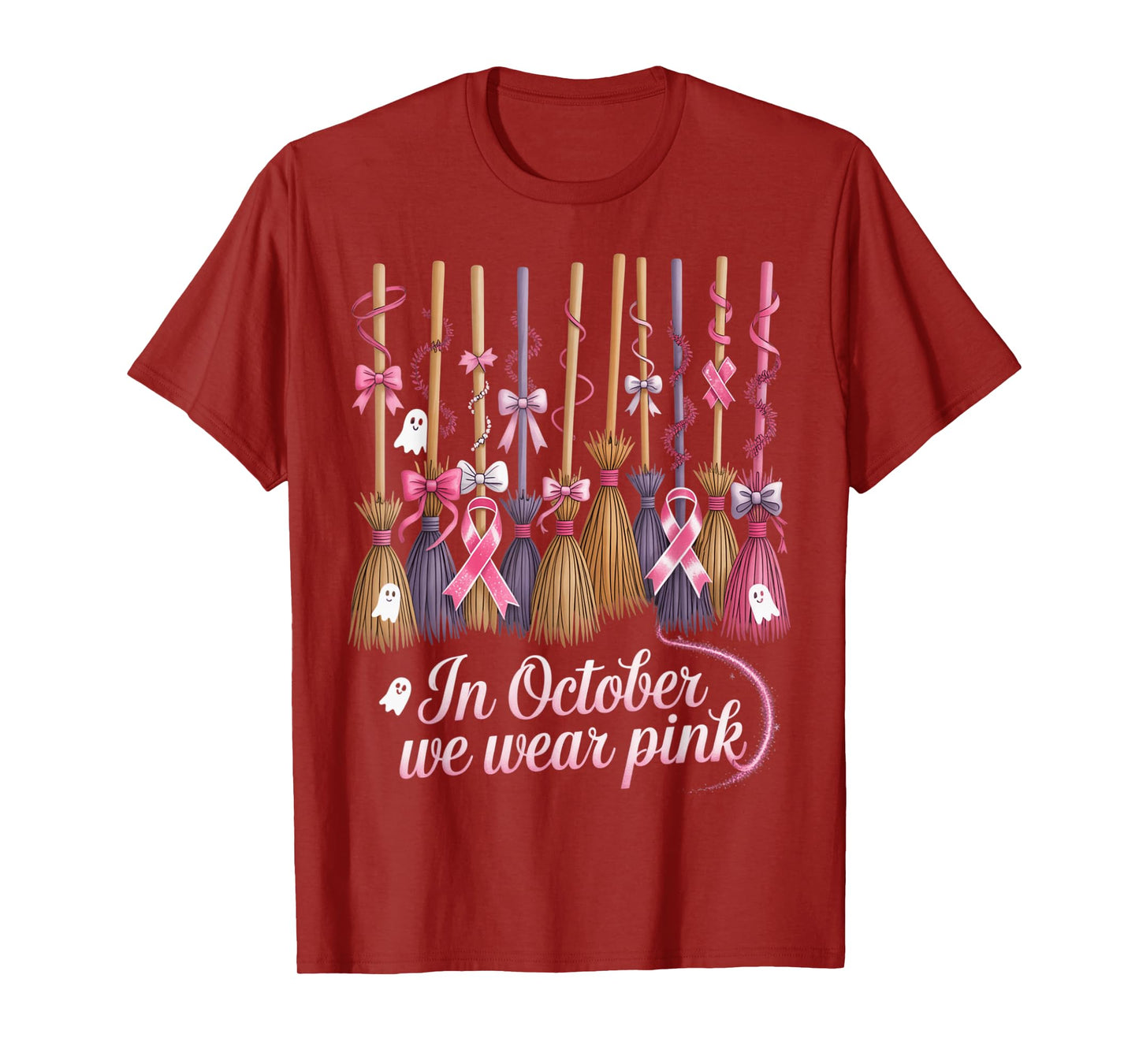 in October We Wear Pink Witches Brooms Spooky Breast Cancer T-Shirt