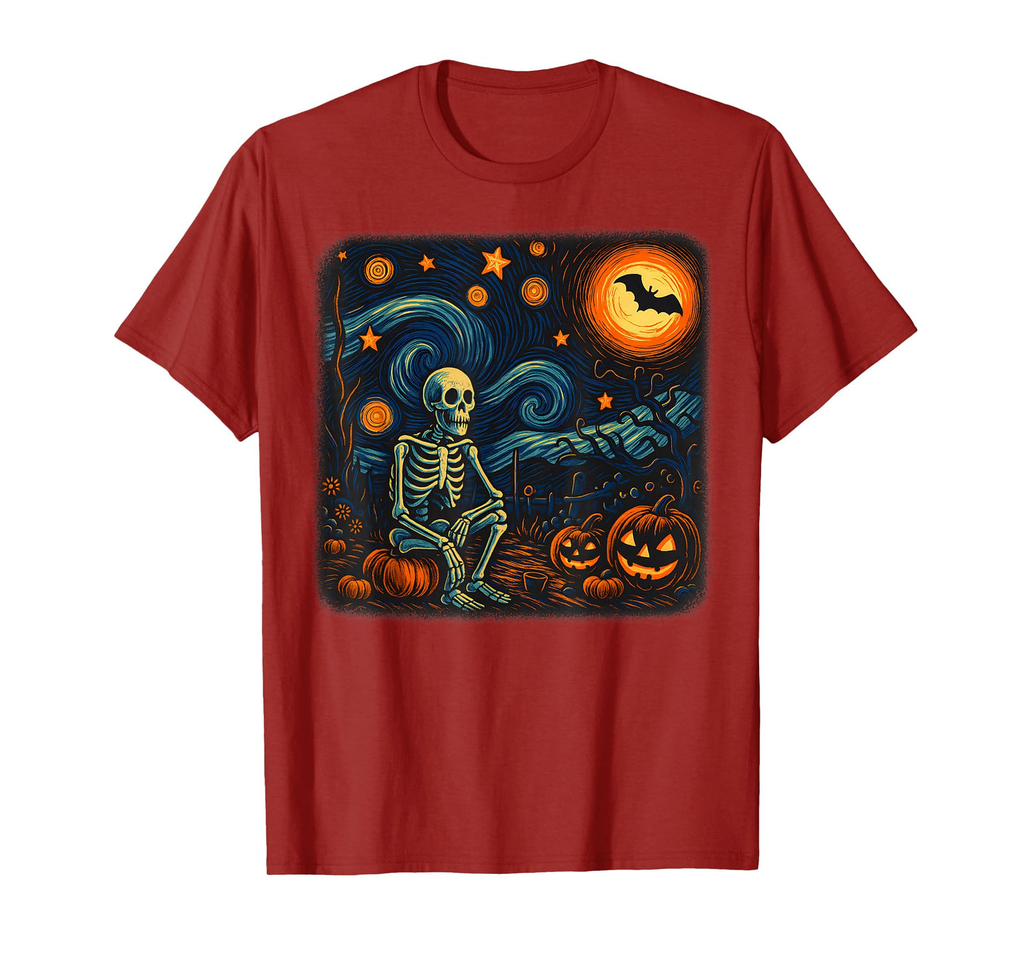Halloween Skeleton Starry Night Van Gogh Pumpkin Men Women T-Shirt