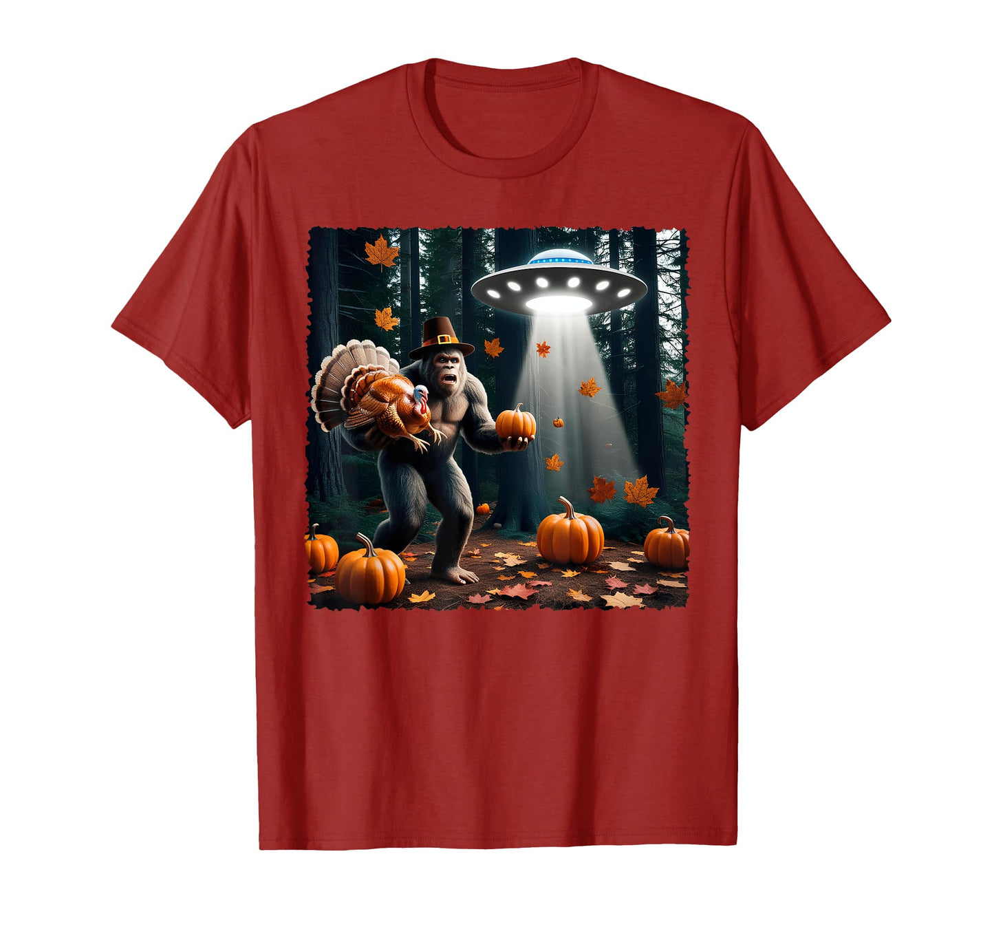 Bigfoot Sasquatch Turkey UFOs Funny Thanksgiving Day Pumpkin T-Shirt