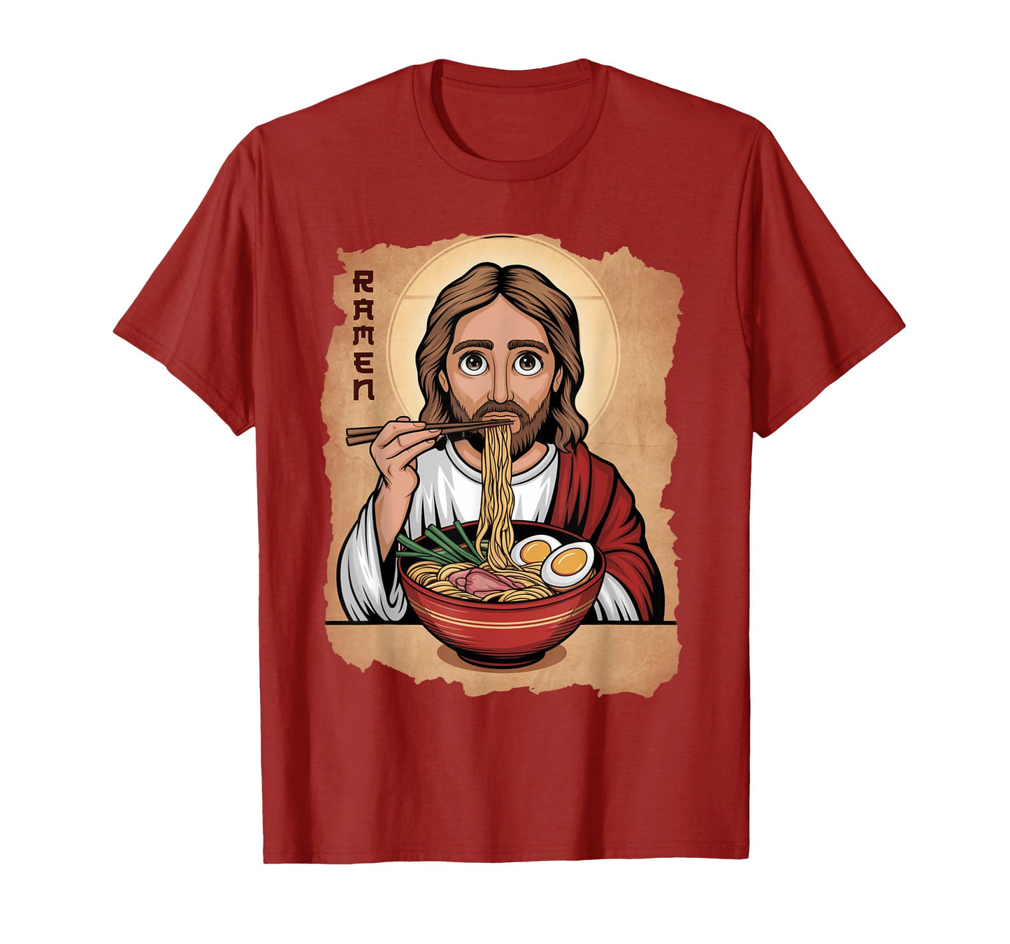 Cute Jesus Eating Ramen Noodles Ocean Waves Japanese Art T-Shirt