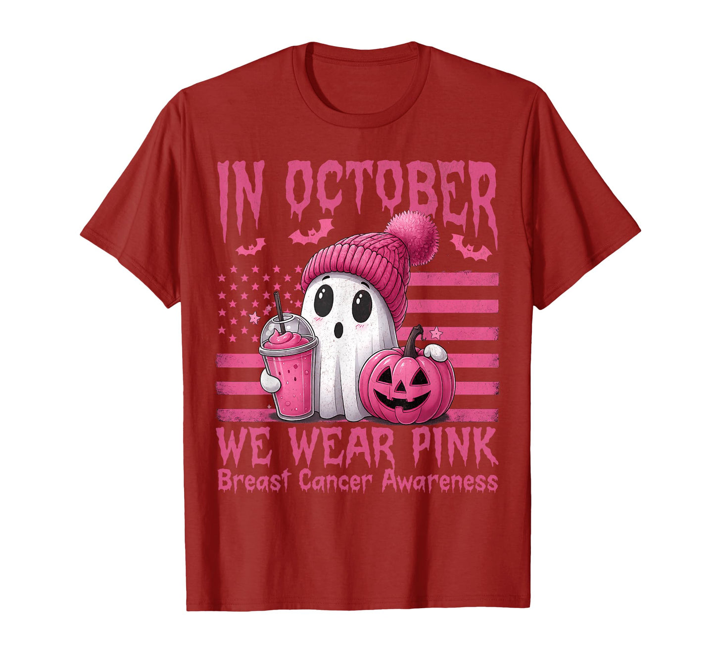 in October We Wear Pink Ghost Witch Breast Cancer Awareness T-Shirt