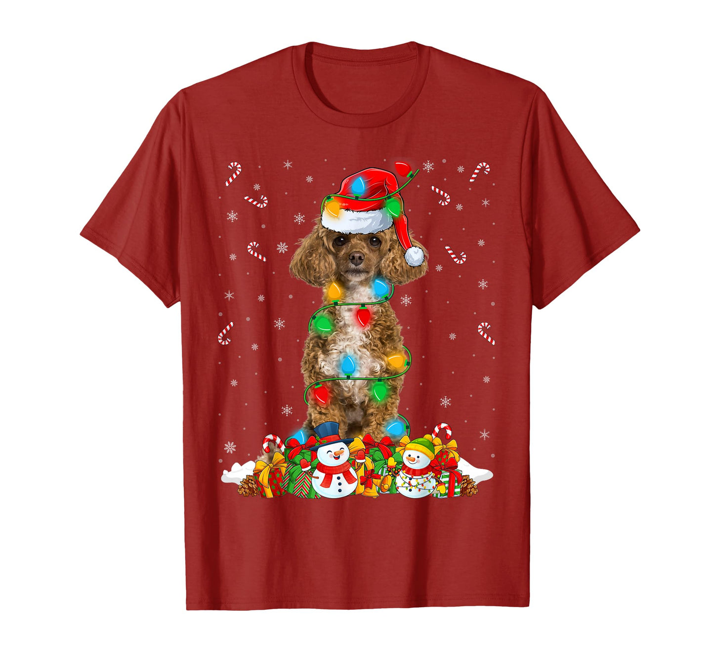Poodle Dog Christmas Lights Funny Santa Hat Xmas T-Shirt