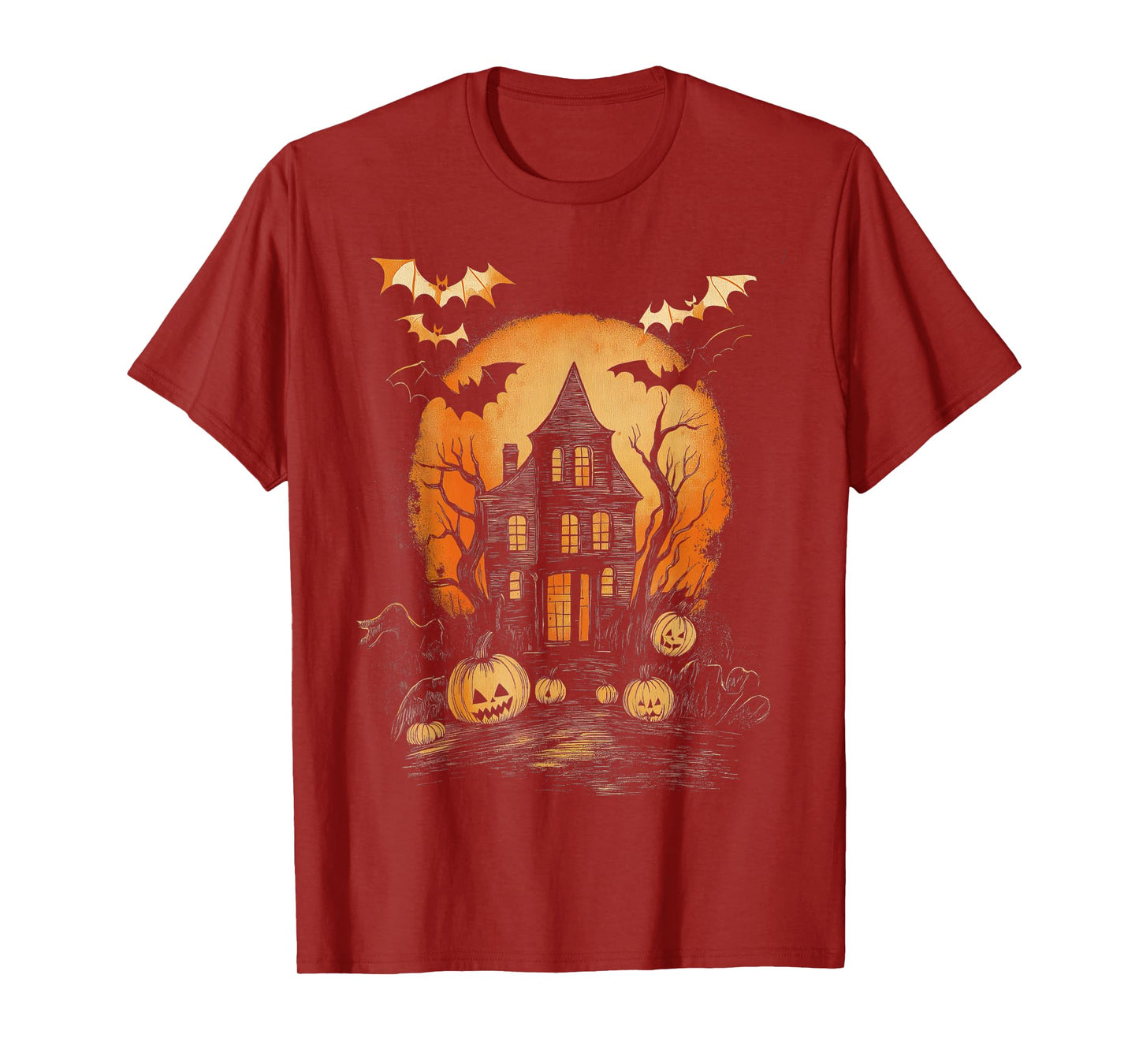 Vintage Spooky Halloween Hunted House Night Casual Graphic T-Shirt