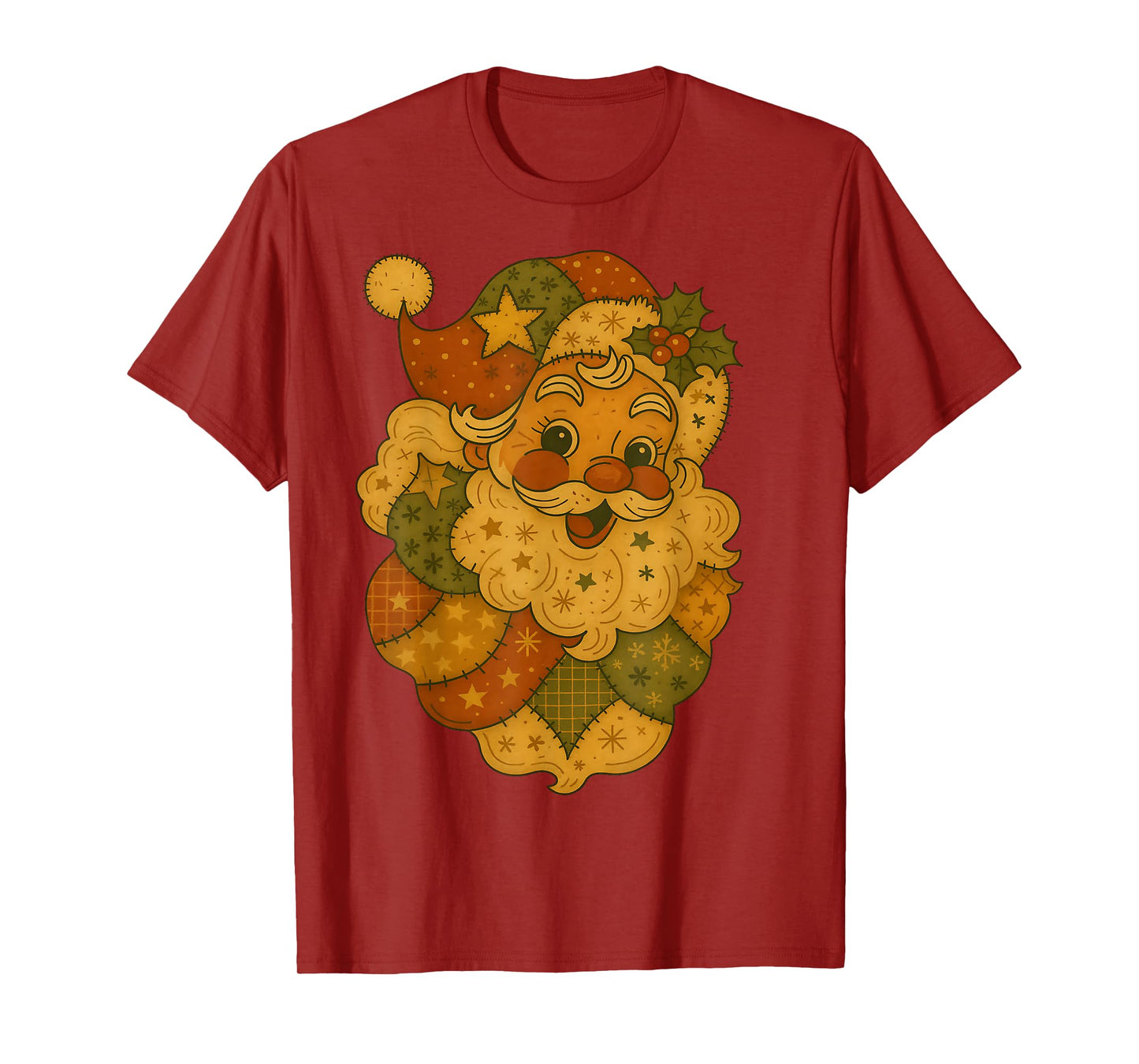 Patchwork Santa Claus Face Vintage Christmas Folk Art T-Shirt