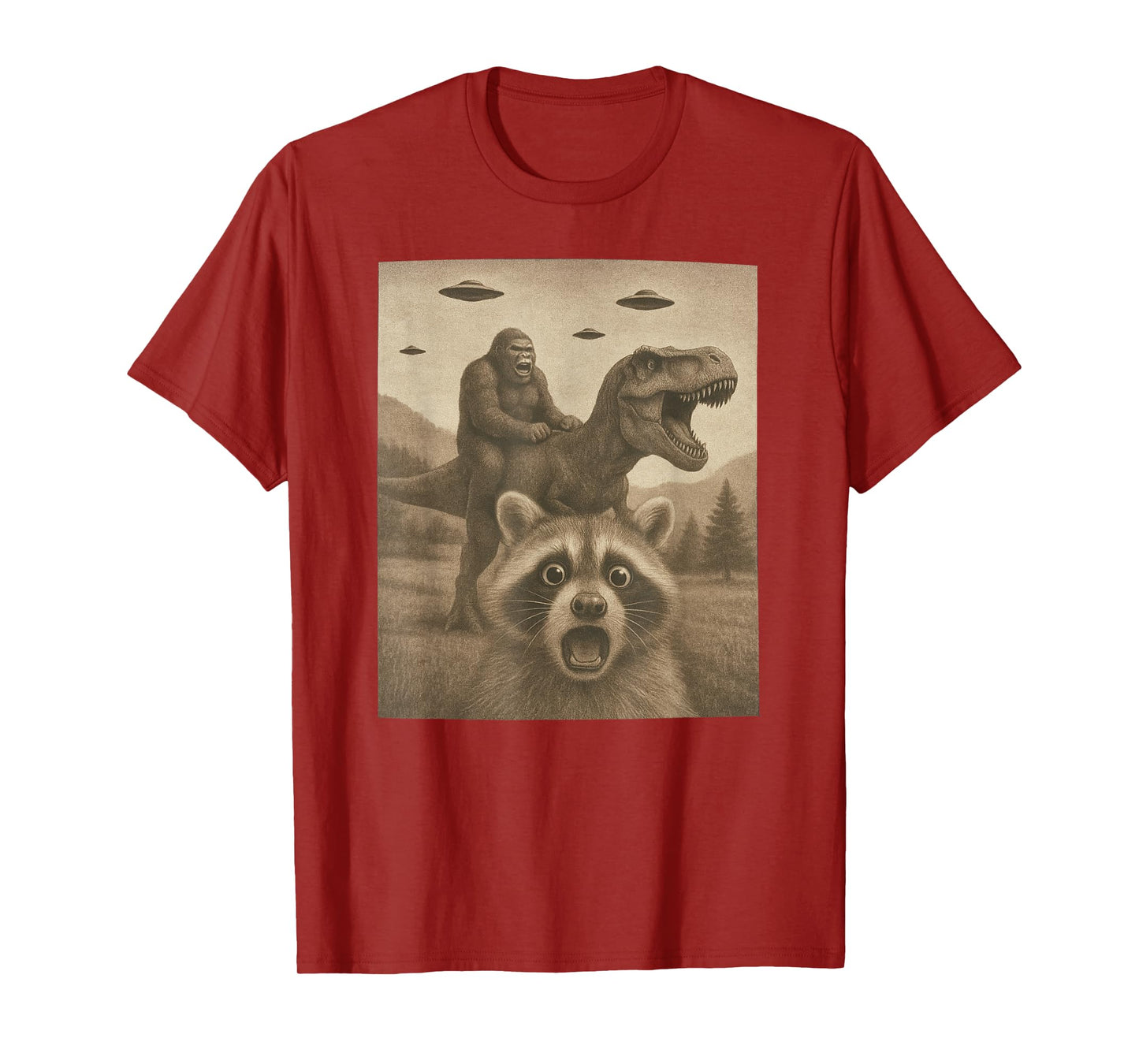 Funny Racoon Selfie Bigfoot Riding T rex UFO Bigfoot T-Shirt