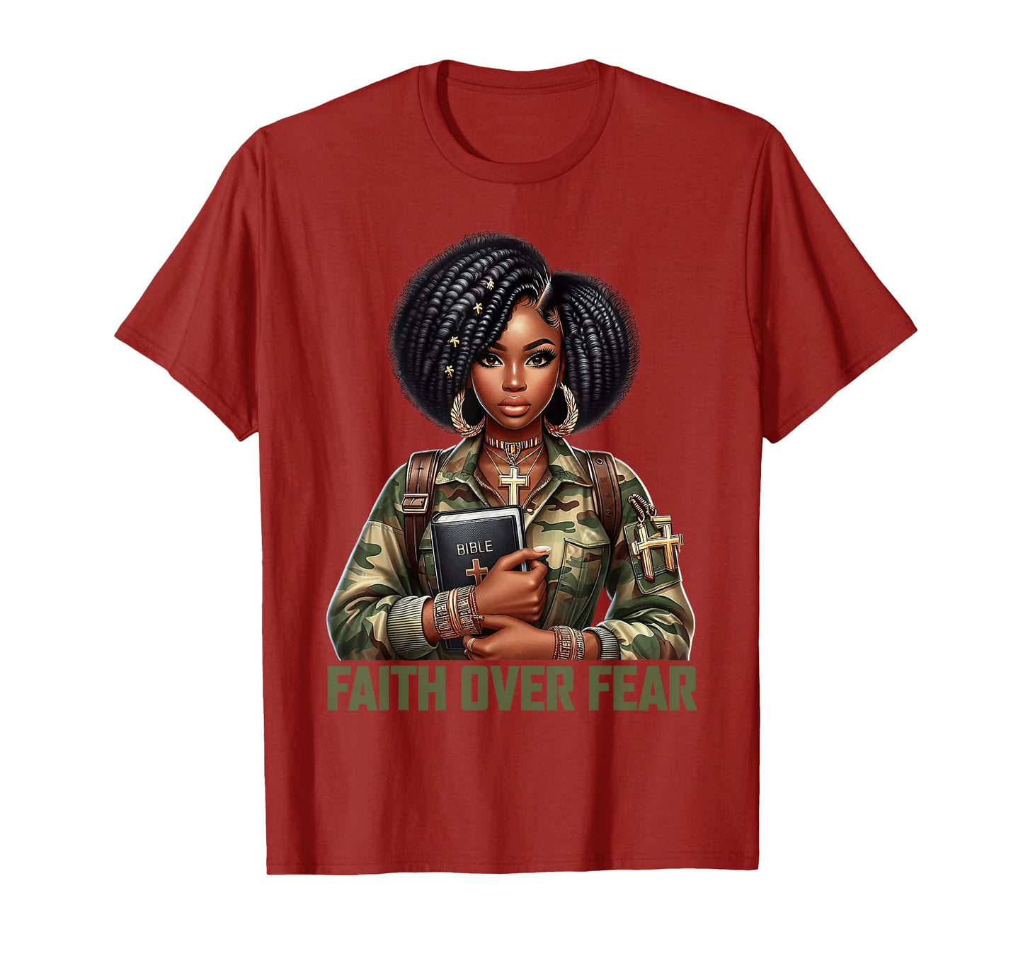 Faith Over Fear Christian Camo African American Afro Women T-Shirt