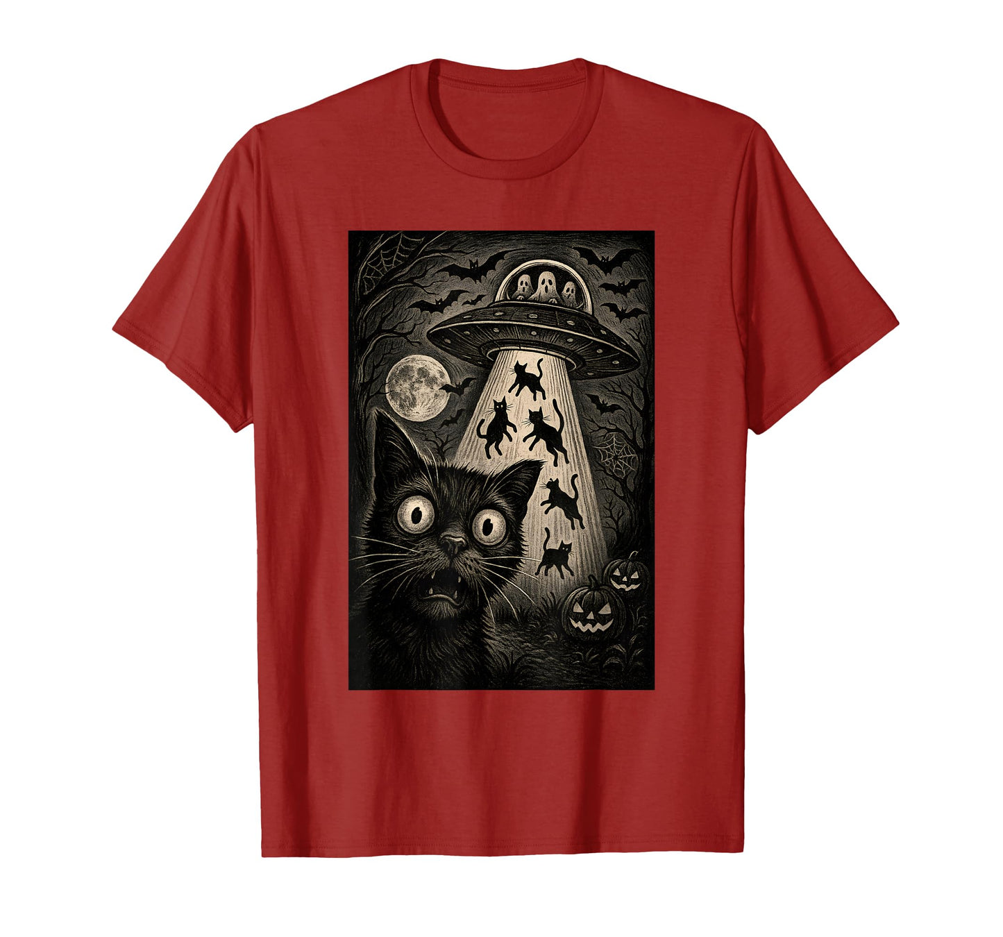 Halloween Cat Selfie Spooky Night Alien Abduction Cats UFO T-Shirt