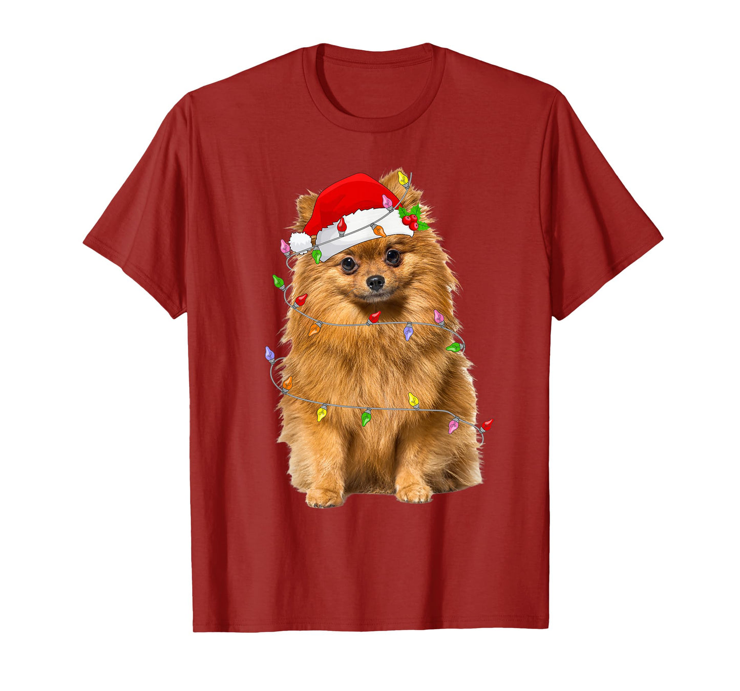 Pomeranian Christmas Santa Hat Lights Funny Pet Dog Xmas T-Shirt