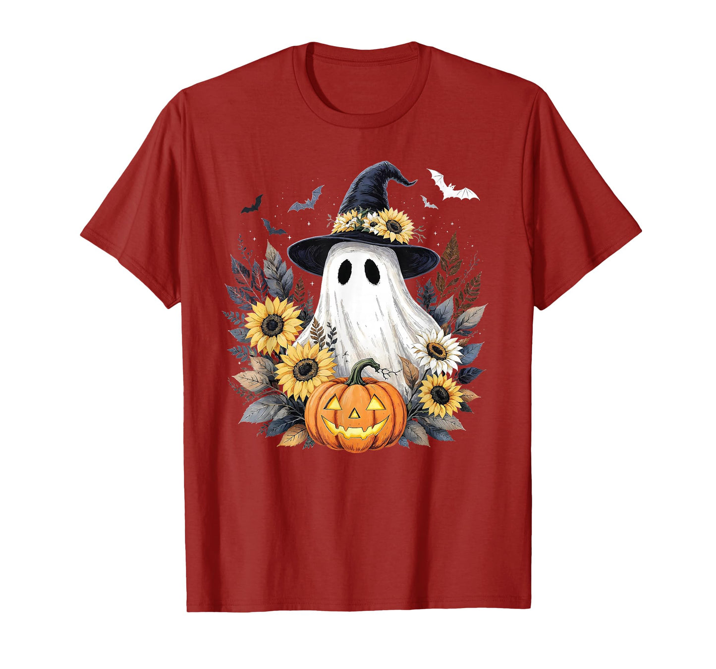 Cute Ghost Witch Hat Pumpkin Sunflower Womens Halloween T-Shirt
