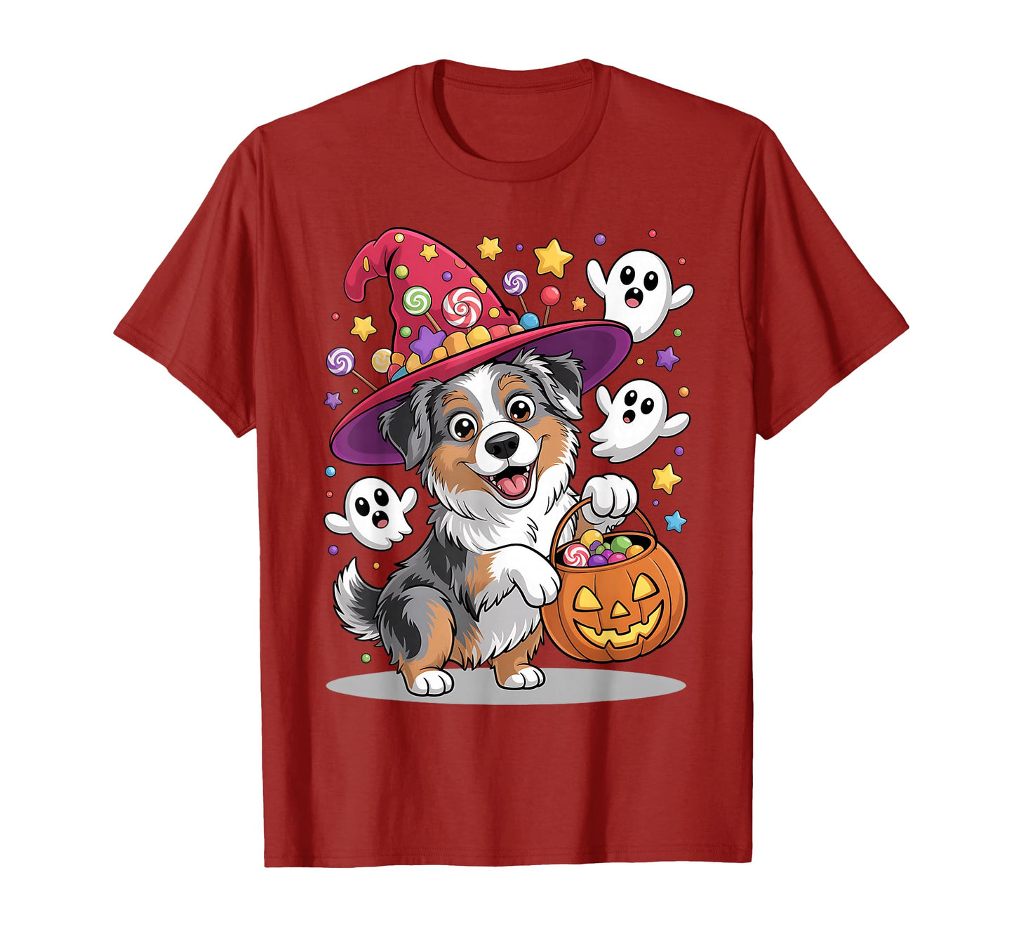 Australian Shepherd Dog Pumpkin Ghost Candy Witch Halloween T-Shirt